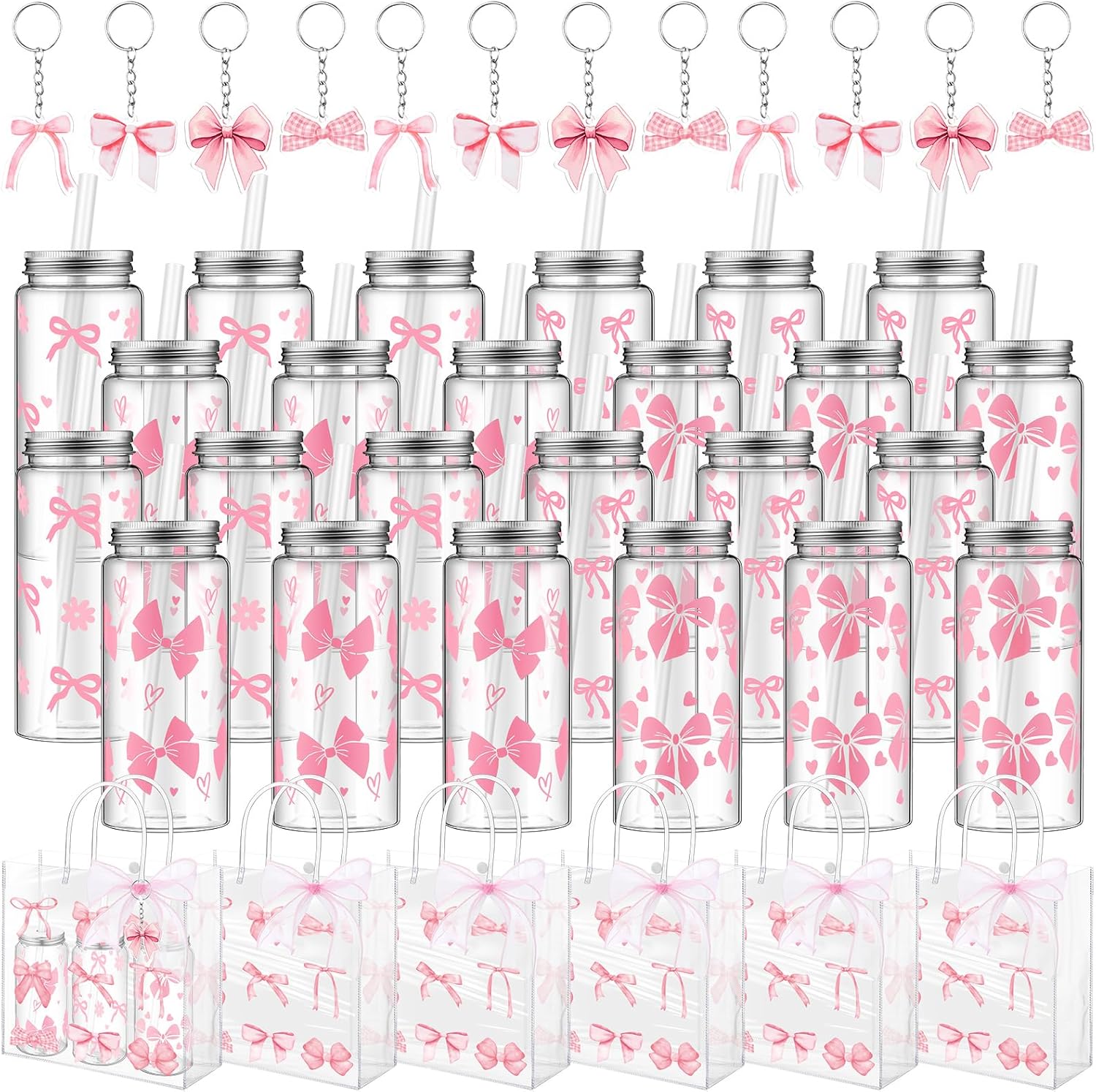Remerry 24 Set Pink Bow Party Favors, Pink Bow Clear Gift Bags with Handle Plastic Cups with Lid and Straw 13.5 Oz, Acrylic Keychains for Coquette Birthday Party Bridal Shower Gifts