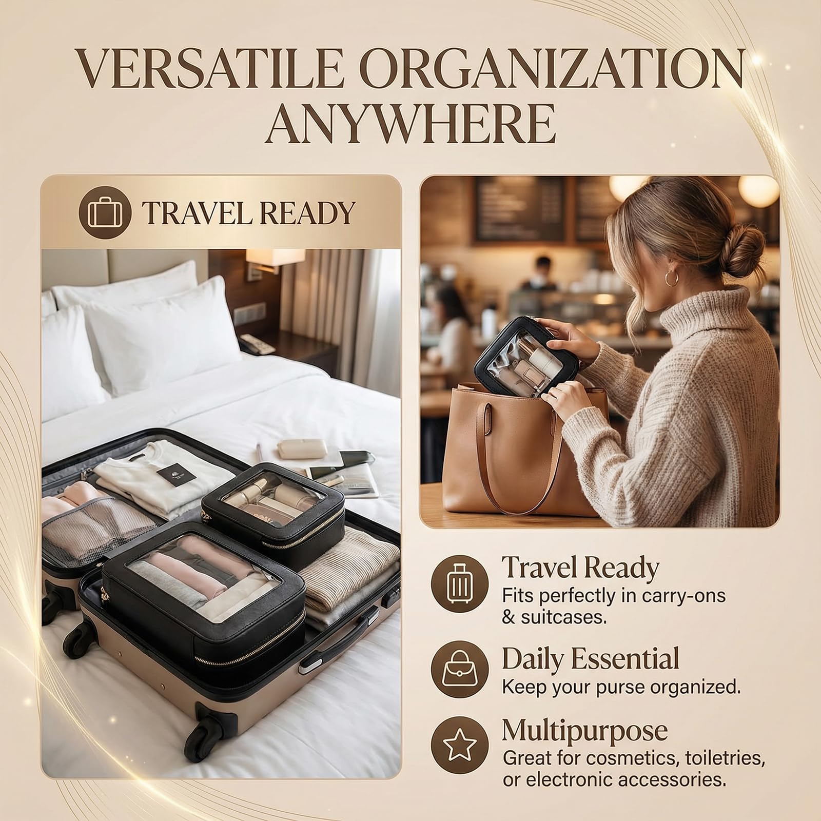 Make-up-Tasche, transparent, tragbar, wasserdicht, Make-up-Aufbewahrungstasche, Reise-spezifische Hautpflege-Aufbewahrungstasche, 2 Sets (Schwarz, L + M + Mini), Weiß + Schwarz, L+M+MINI