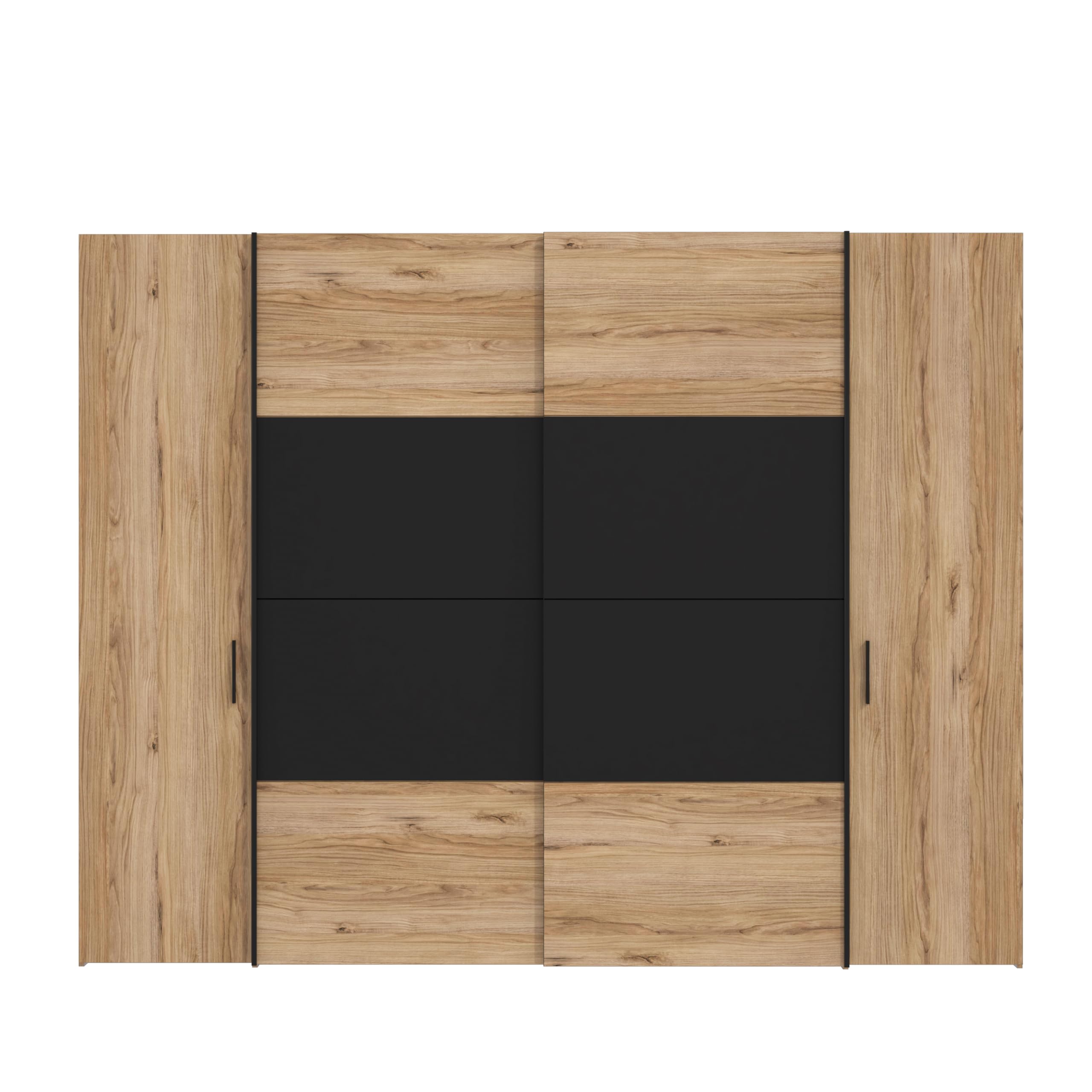 FORTE DALATE Schrank 270, Kleiderschrank, Schwebetürenschrank groß Schlafzimmer Drehtürenschrank groß Industrial, 4-türig, Holzdekor: Catania Eiche/Schwarz, 270 cm breit x 210 cm hoch x 61 cm tief