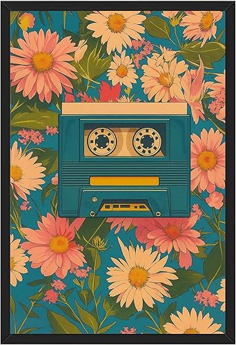 Framed Retro Cassette Floral Poster Canvas Wall Art Prints Vintage Painting Pictures Wall Decor Funky Art Print Trendy Decoration for Living Room