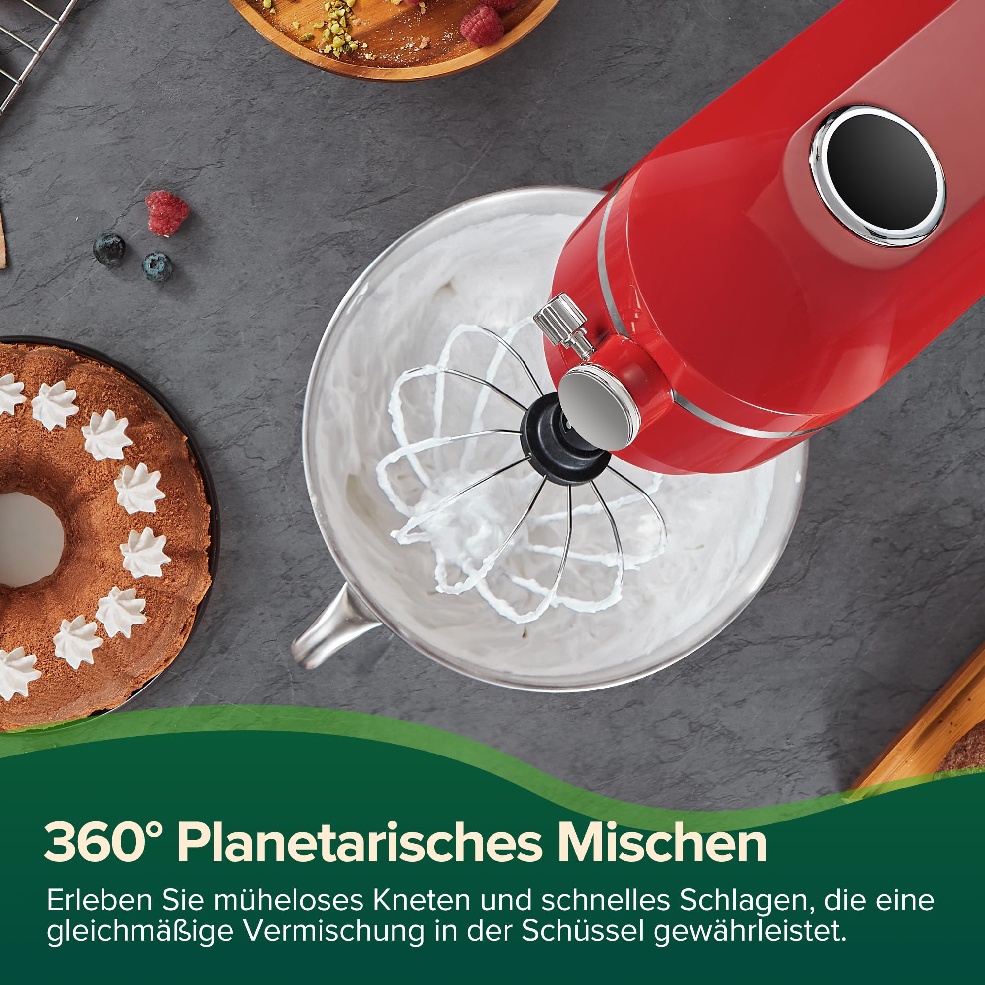 CHEFREE Impastatrice Planetaria 1800W, Robot da Cucina Grandi Multifunzione a 10 Velocità, Robot da Cucina con Ciotola da 7L, Gancio per Pasticceria, Frusta, Rullatore, Corpo in Metallo, Rosso, M500