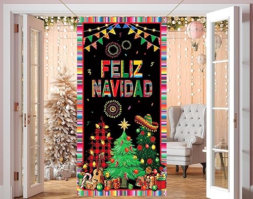 Miniatura 6 de Nepnuser Feliz Navidad cubierta de puerta decoración de Navidad mexicana Navidad invierno fiesta decoración hogar telón de fondo puerta colgante