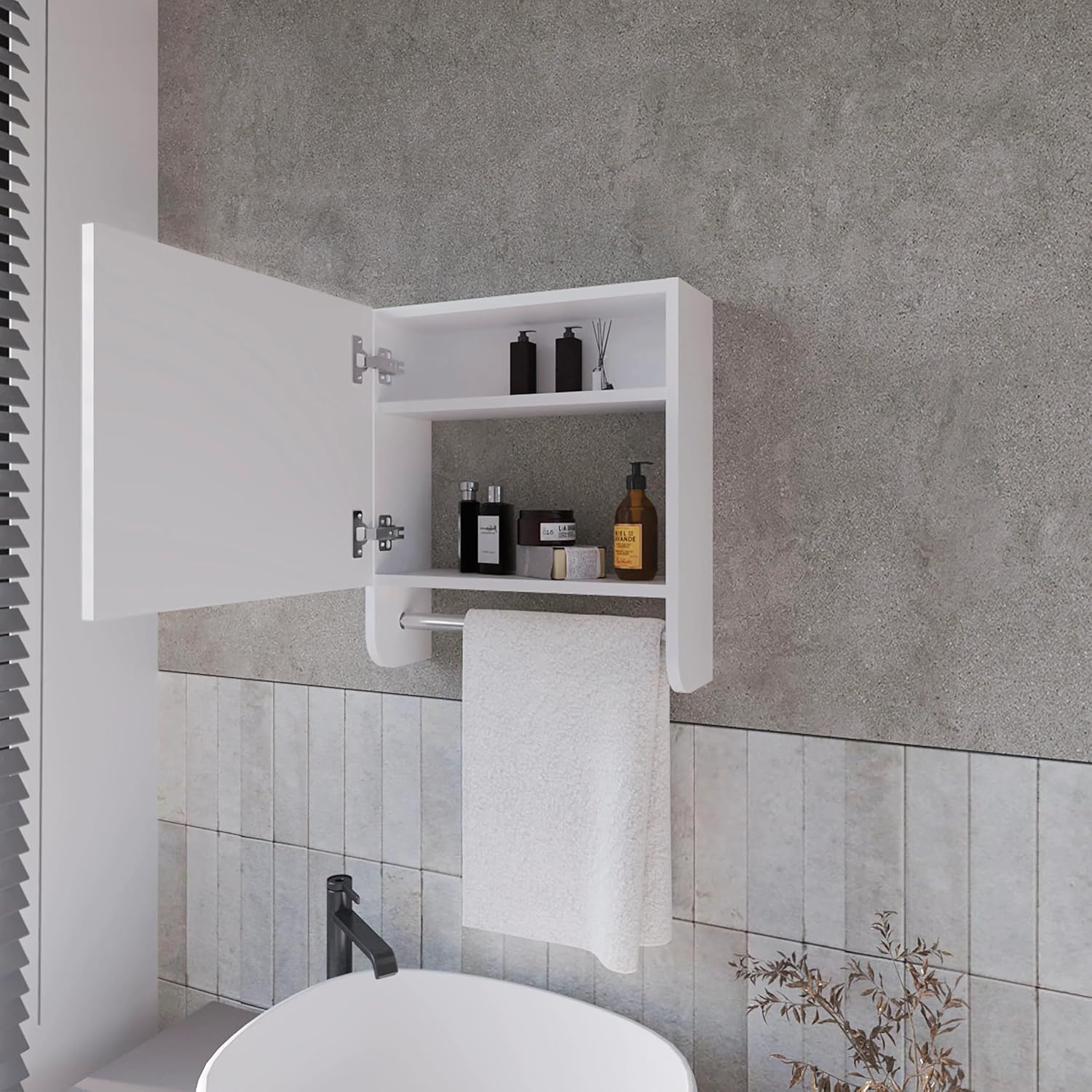 18" Towel Bar Design Hanging Bathroom Cabinet, Modern Bathroom Vanity with Elegant Finish, Bathroom Storage Cabinet with Mirror for Bathroom, White