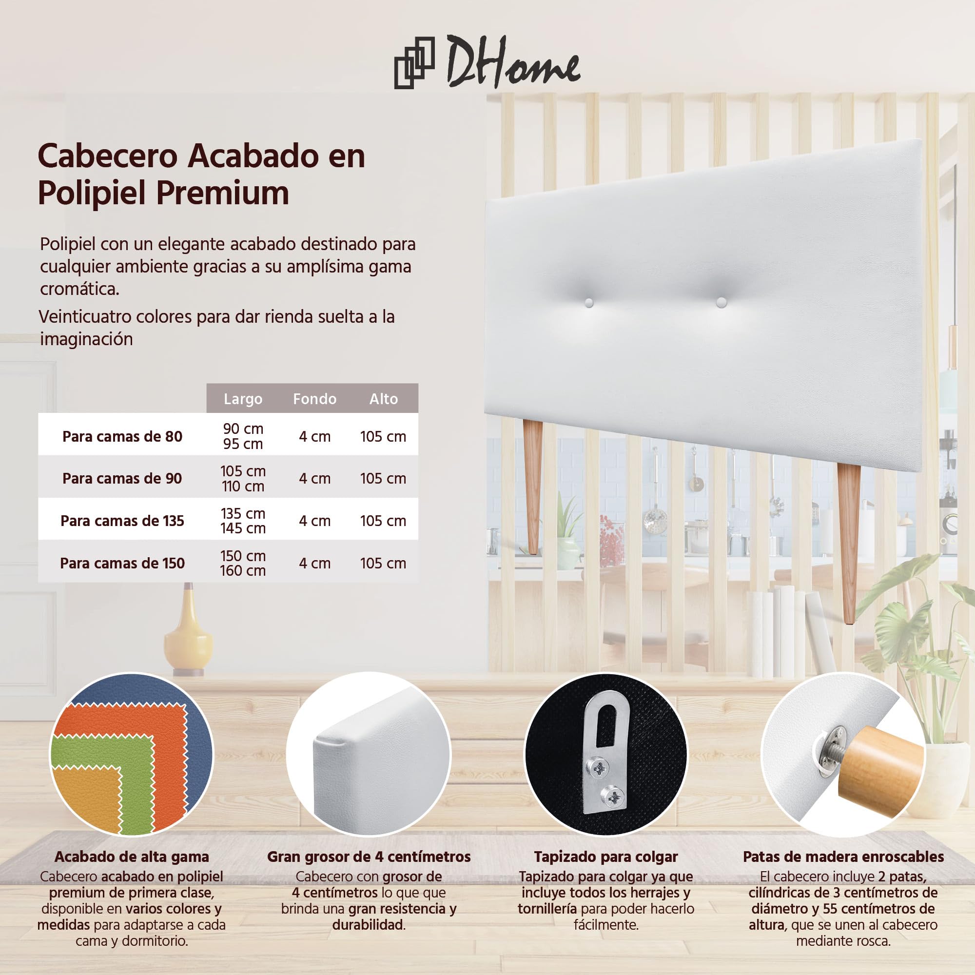 DHOME Cabecero de Polipiel o Tela Acualine Liso con Botones con Patas Tapizado de Alta Gama Cabezal Lujo Cama Dormitorio (Polipiel Blanco, 105x105cm (Camas 80/90/105))