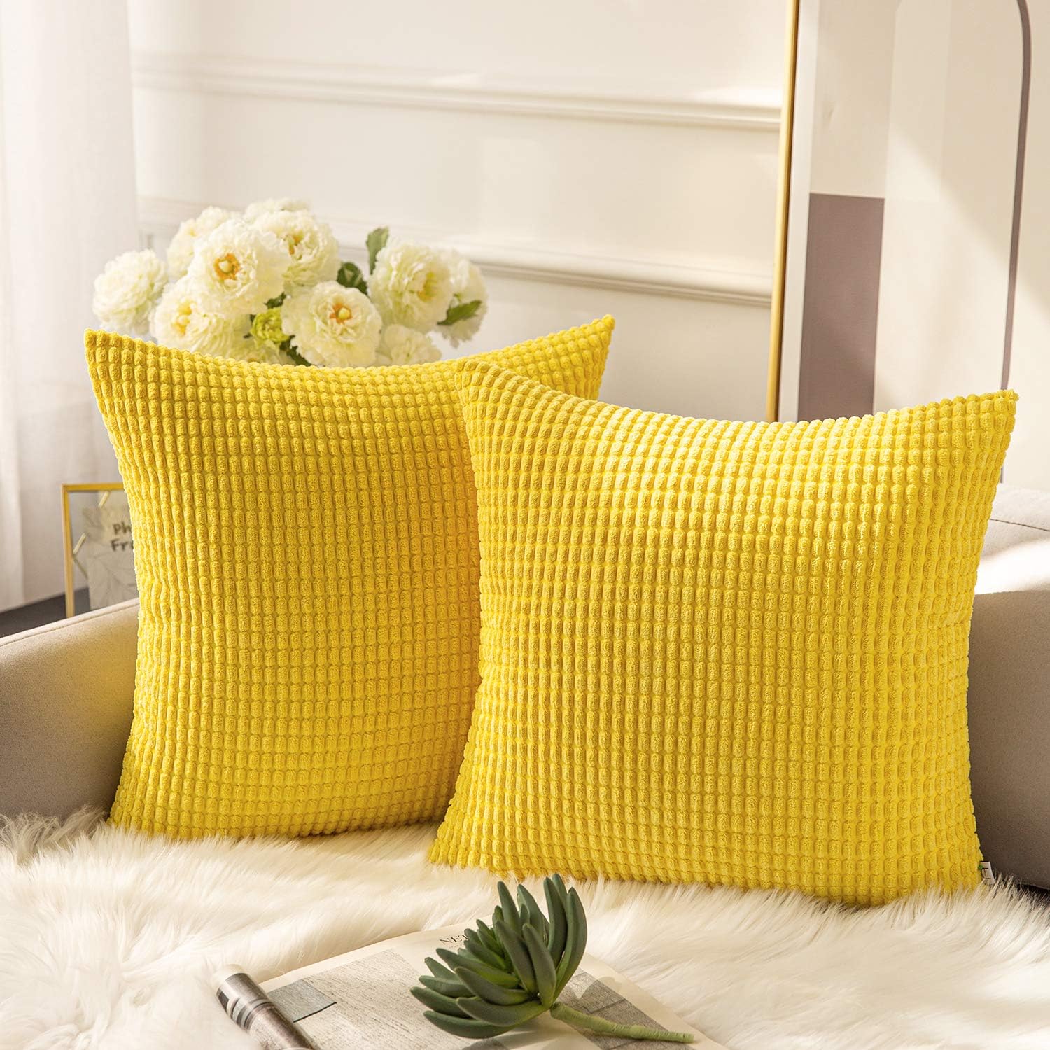 Ashler Set of 2 Soft Yellow Corduroy Corn Stripped Both Sides Throw Pillow Cushion Cover 22 x 22 inch 55 x 55 cm