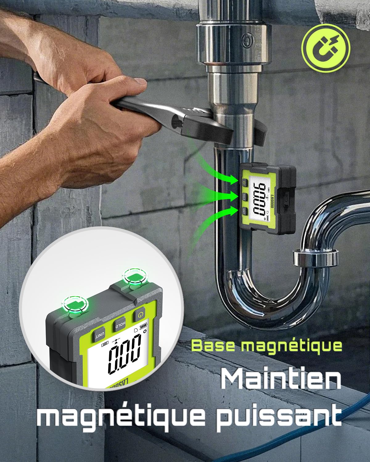 LASGOO Mesureur d'angle numérique, Inclinomètre magnétique rechargeable avec écran LCD, 4 unités de mesure pour la menuiserie, le bâtiment, la maçonnerie et l'automobile