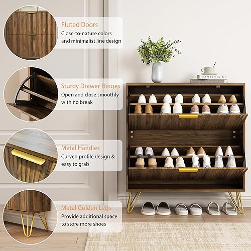 Vista 20 de Armario de zapatos con 3 cajones abatibles, armario de zapatos de mediados de siglo para entrada, gabinete de almacenamiento delgado y oculto