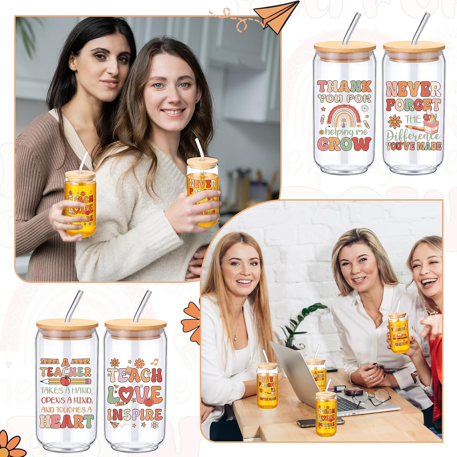 Amyhill 6 Pack Christmas Teacher Appreciation Gifts Thank You Glass Cups with Lids and Straw, 16 oz Glass Tumbler Thank You Graduation Gifts for Teachers Professors Coworkers(Simple Style) - Image 4