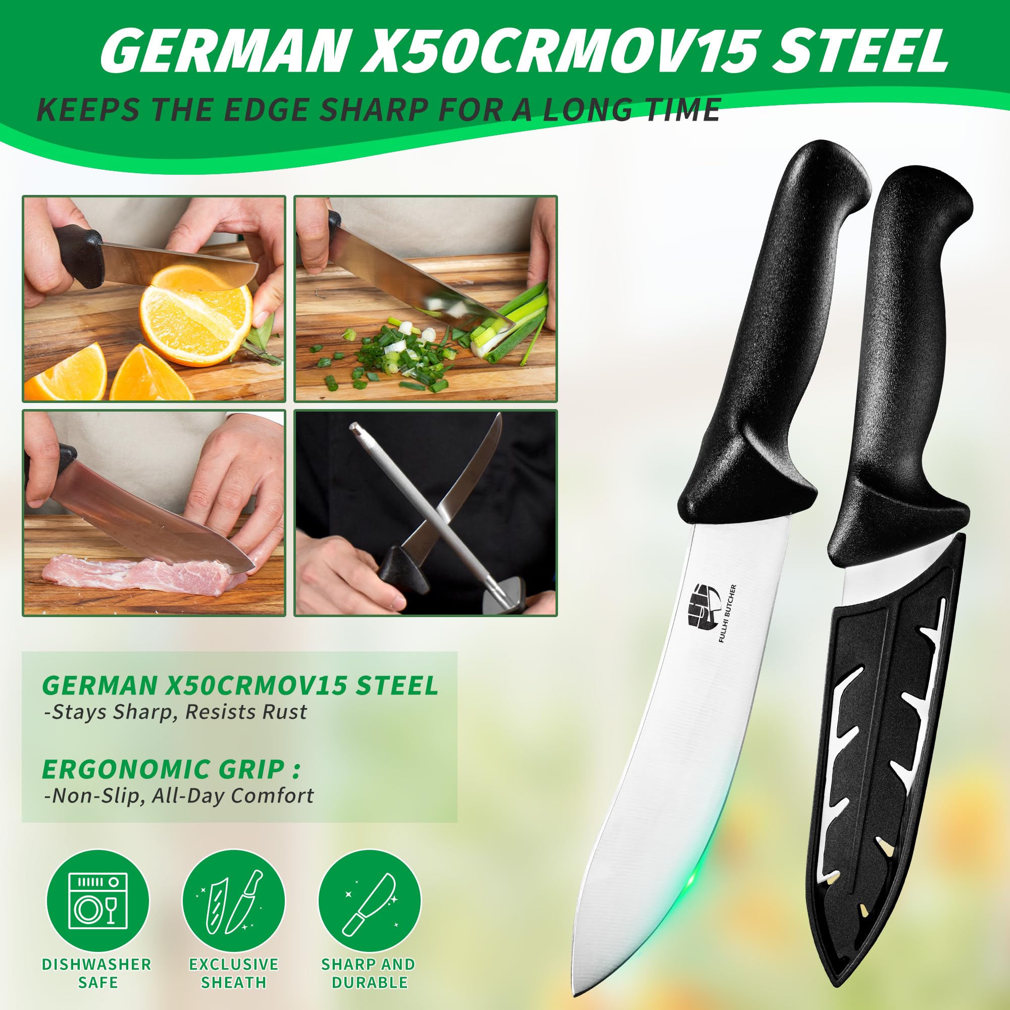 FULLHI 11PCS Juego de Cuchillos de Carnicero, Cuchillo deshuesador antideslizante Juego de Cuchillos de Chef de Acero Inoxidable, Procesamiento de Carne para Cocina Casera, Matadero y Restaurante