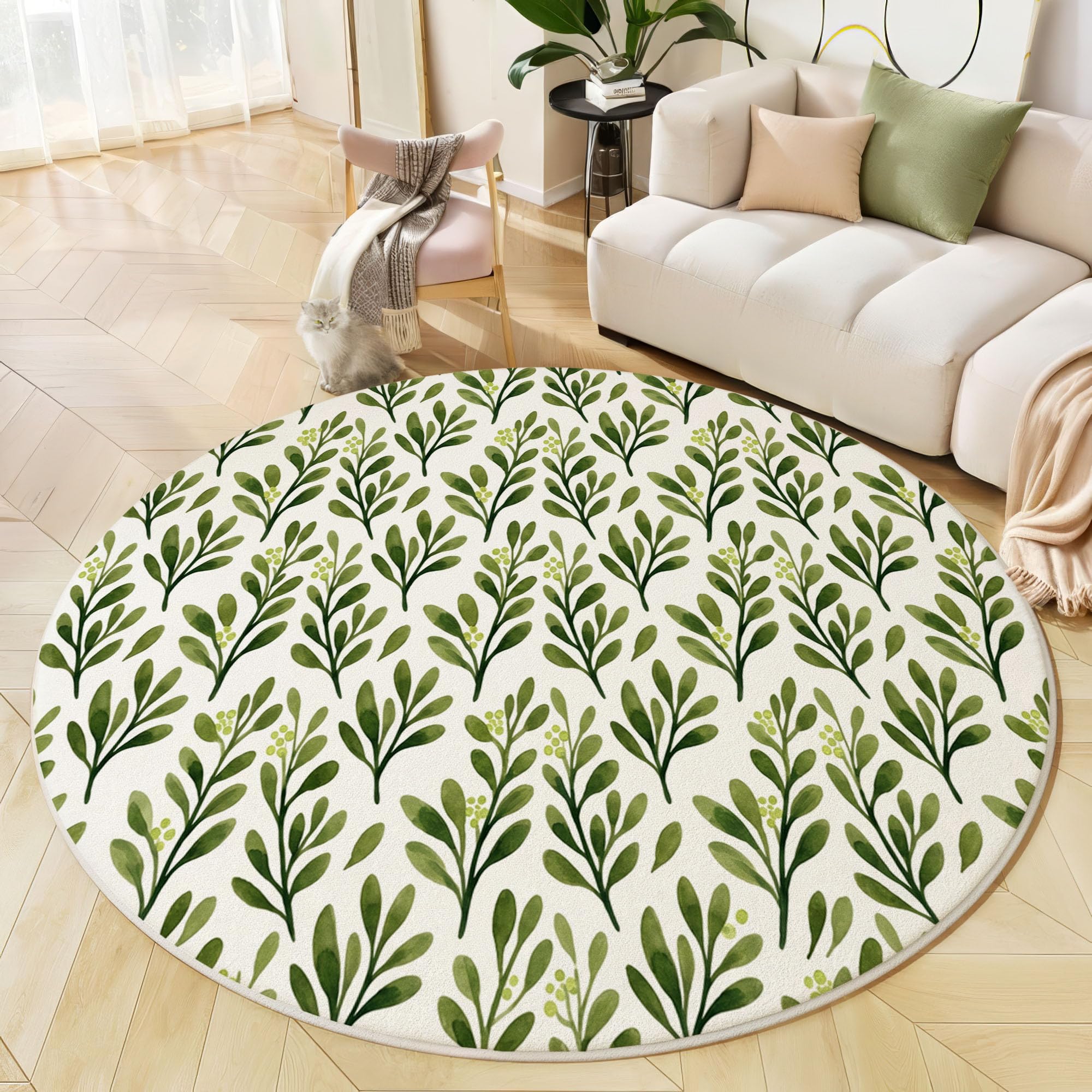Tapis circulaire 200cm doux finitions haut de gamme à motif branches vertes