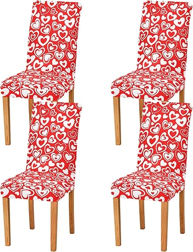 Ollabaky Juego de 4 fundas protectoras para sillas de comedor para el día de San Valentín, elásticas, lavables, extraíbles con corazones, para sala