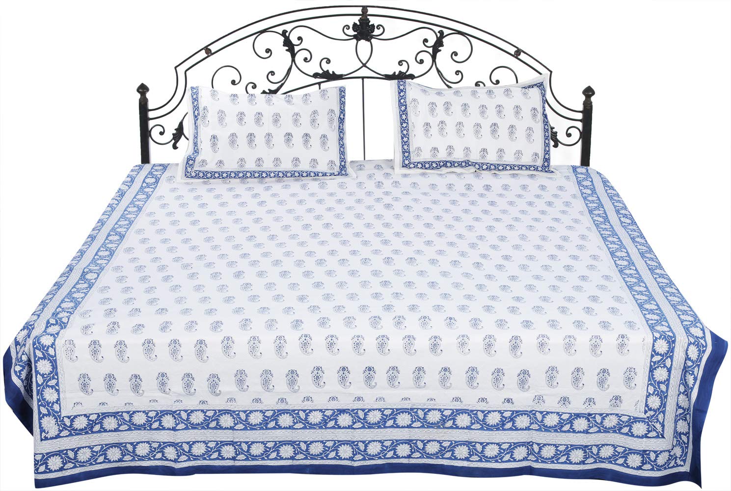 Exotic India Snow-White Sanganeri Bedspread with Printed Paisleys - Pure Cotton with Pillow Covers-image-3