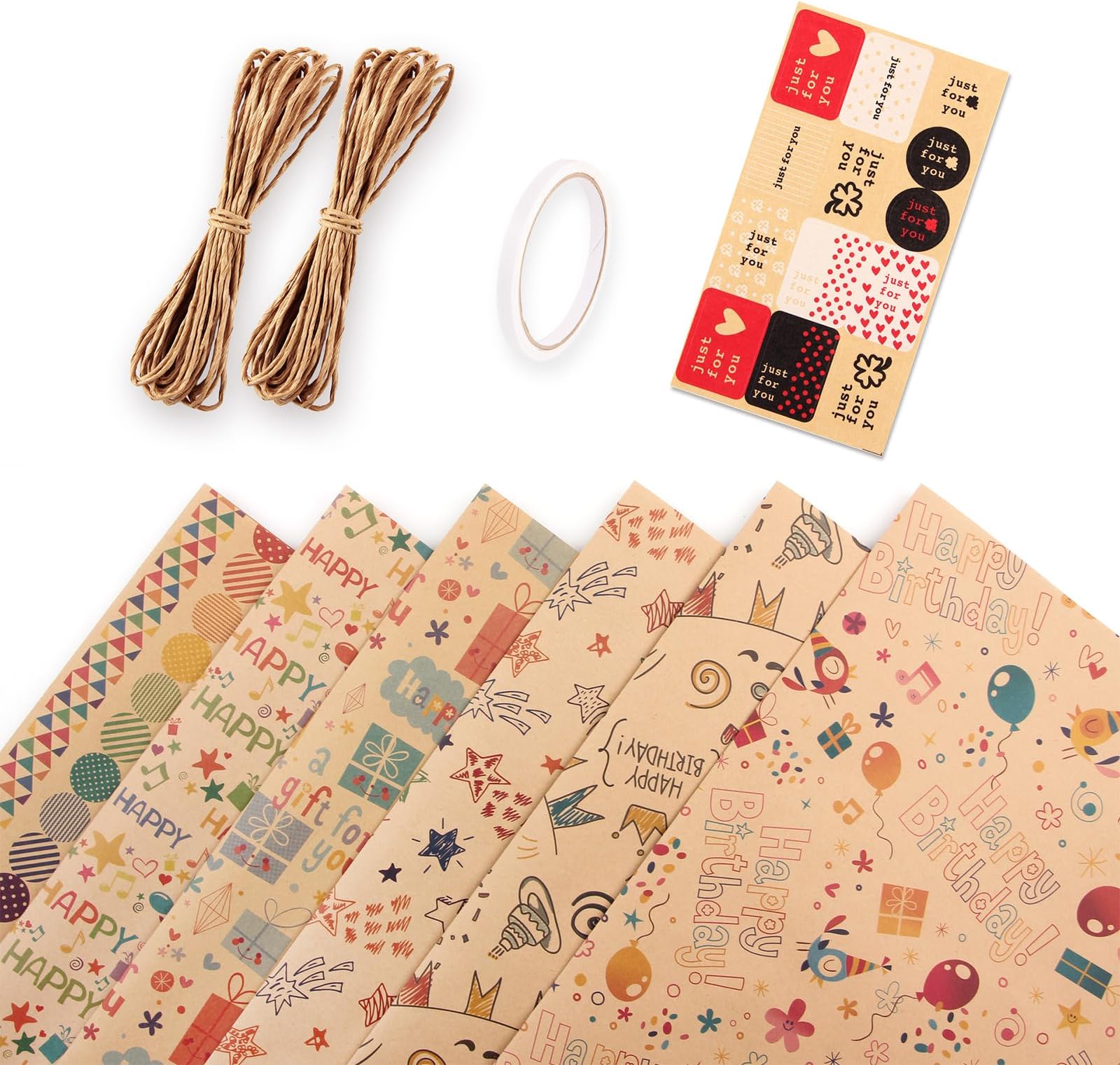 6 Sheets Brown Gift Wrapping Paper, with Sticker, Hemp Rope and Double-sided Tape, for Birthday, Wedding, Baby Shower, Holiday(19.7x27.6 in)