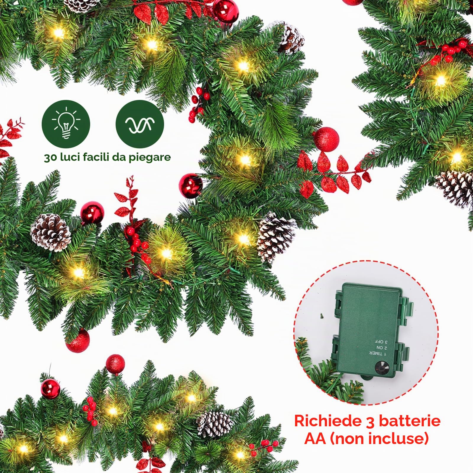 Ghirlanda Natalizia per Porta: 2,7M Ghirlanda Natale Decorazioni Artificiale con 30 LED, Scatola Batteria con Timer Impermeabile, Decorazione Natalizia per Balcone, Casa, Scale, Camino