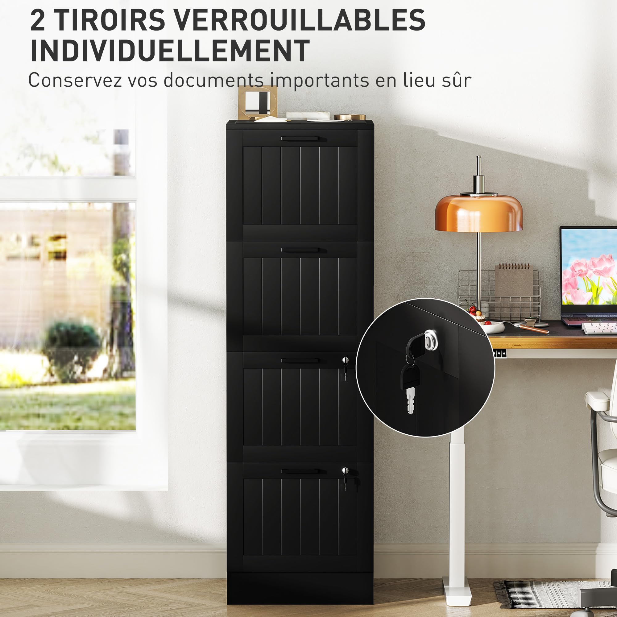 HOMCOM Caisson bureau avec 4 tiroirs et serrures, meuble rangement bureau avec barres de suspension réglables pour documents, caisson de rangement compact pour travail ou chambre, 40x40x131cm, noir