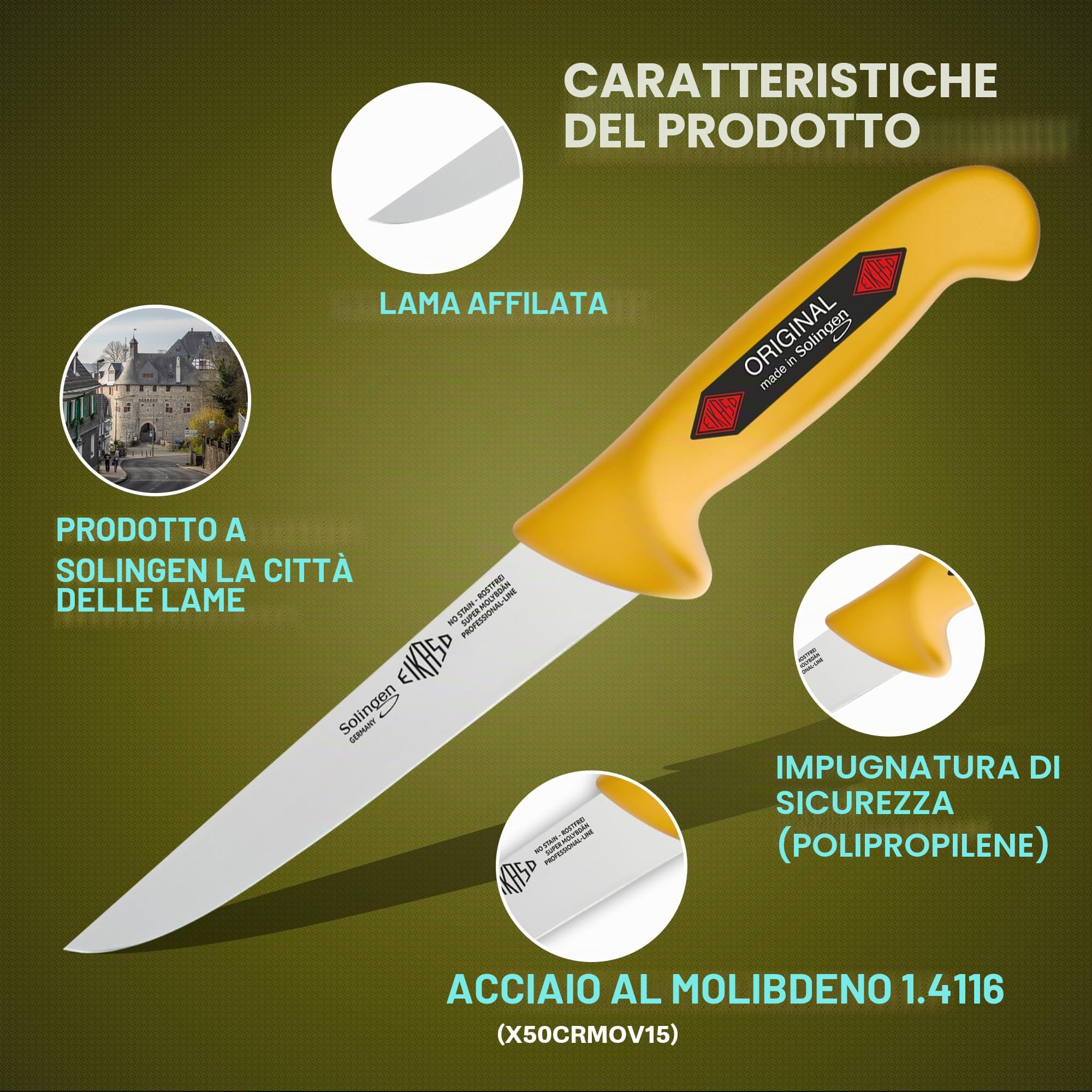 EIKASO Solingen Germany - Set di 3 coltelli da macellaio, in acciaio al molibdeno 1.4116 temprato con manico antiscivolo per professionisti e privati (giallo)