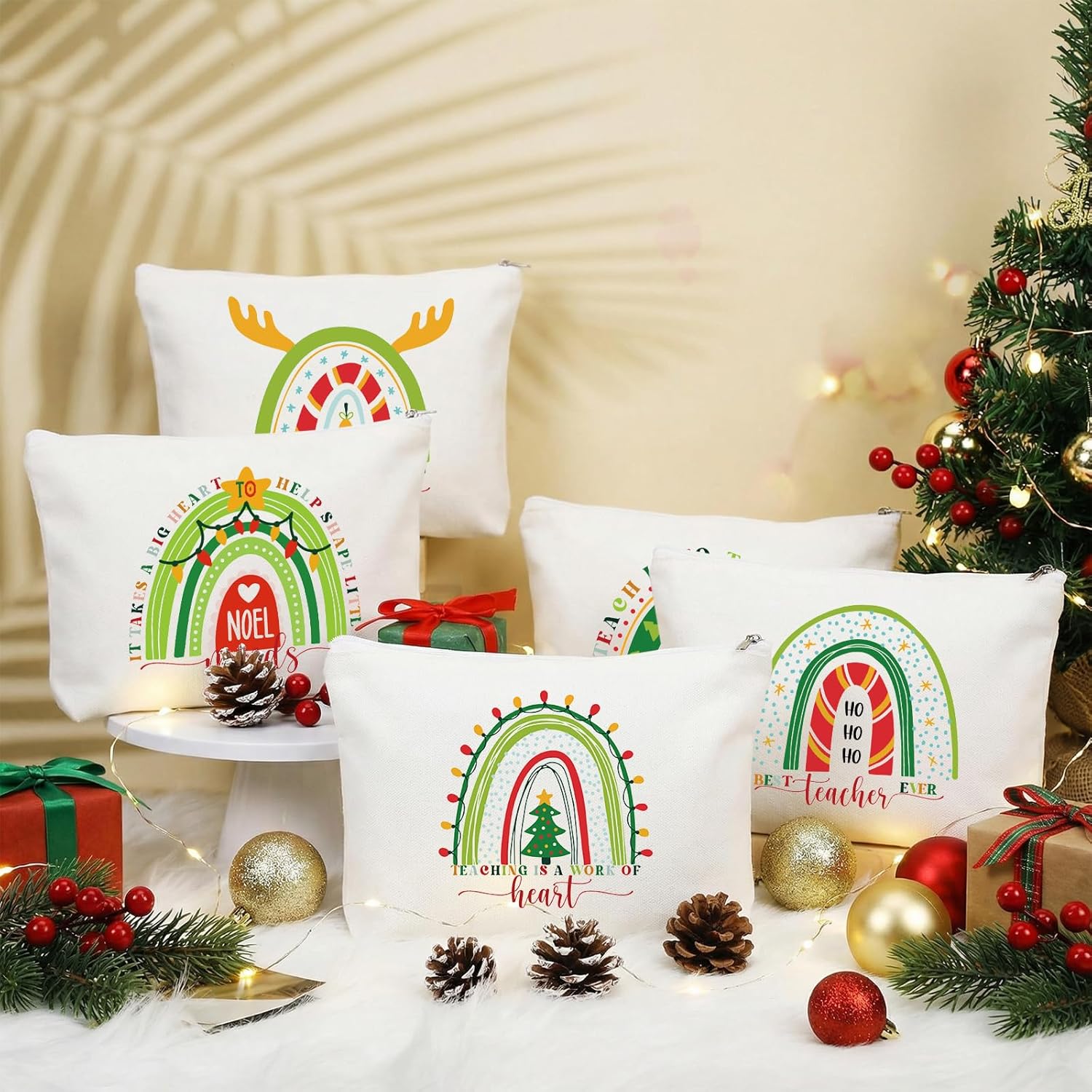 Coume 30 Pcs Teacher Appreciation Gifts Bulk for Women Inspirational Rainbow Canvas Makeup Bags Thank You Cosmetic Bags for Teacher Employee Coworker Gifts, 10 Styles(Joyous)