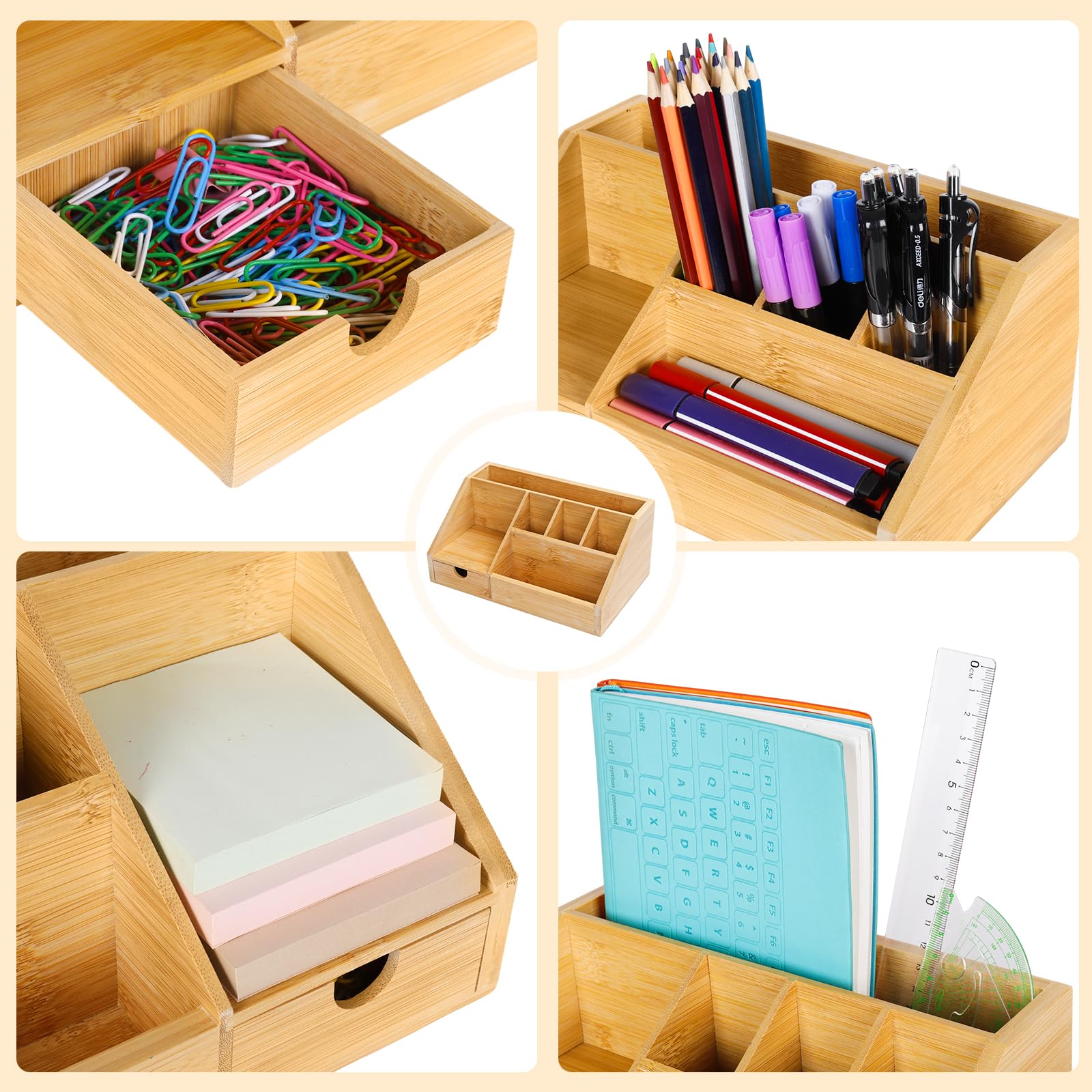 Organiseur De Bureau En Bambou Avec 2 Tiroirs - Rangement Stylos, Courrier A4, Cosmétiques
