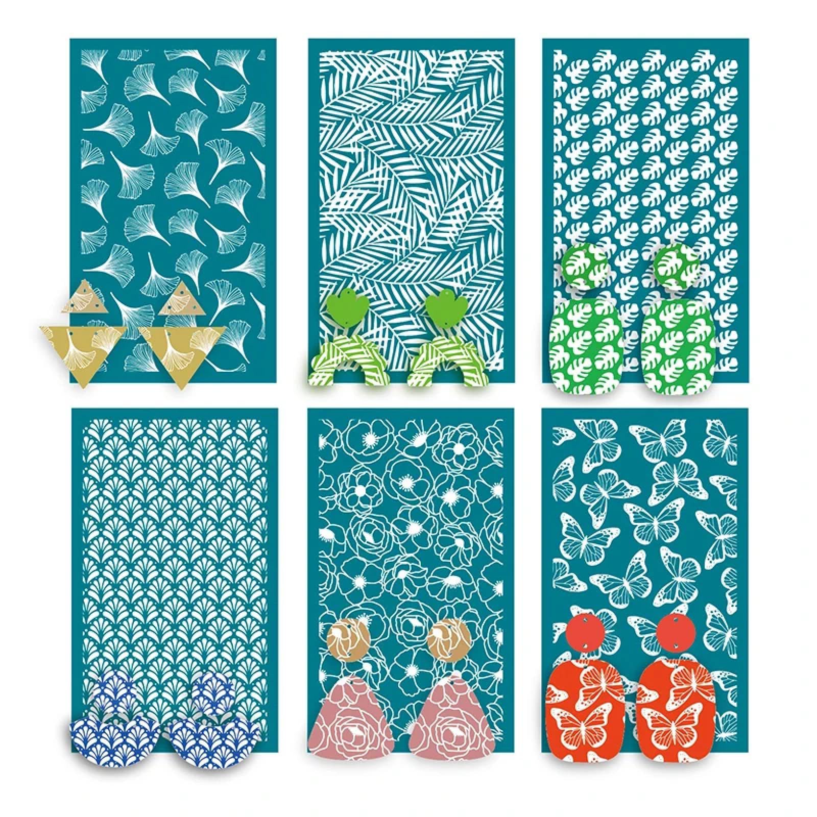 Screen Printing Kit,15x9cm Animal And Plant Pattern Background Polymer Clay Silk Screen Stencils Reusable Silkscreen Print Kit for Printing Clay Stamps Jewelry Earrings Decoration Template Style 6