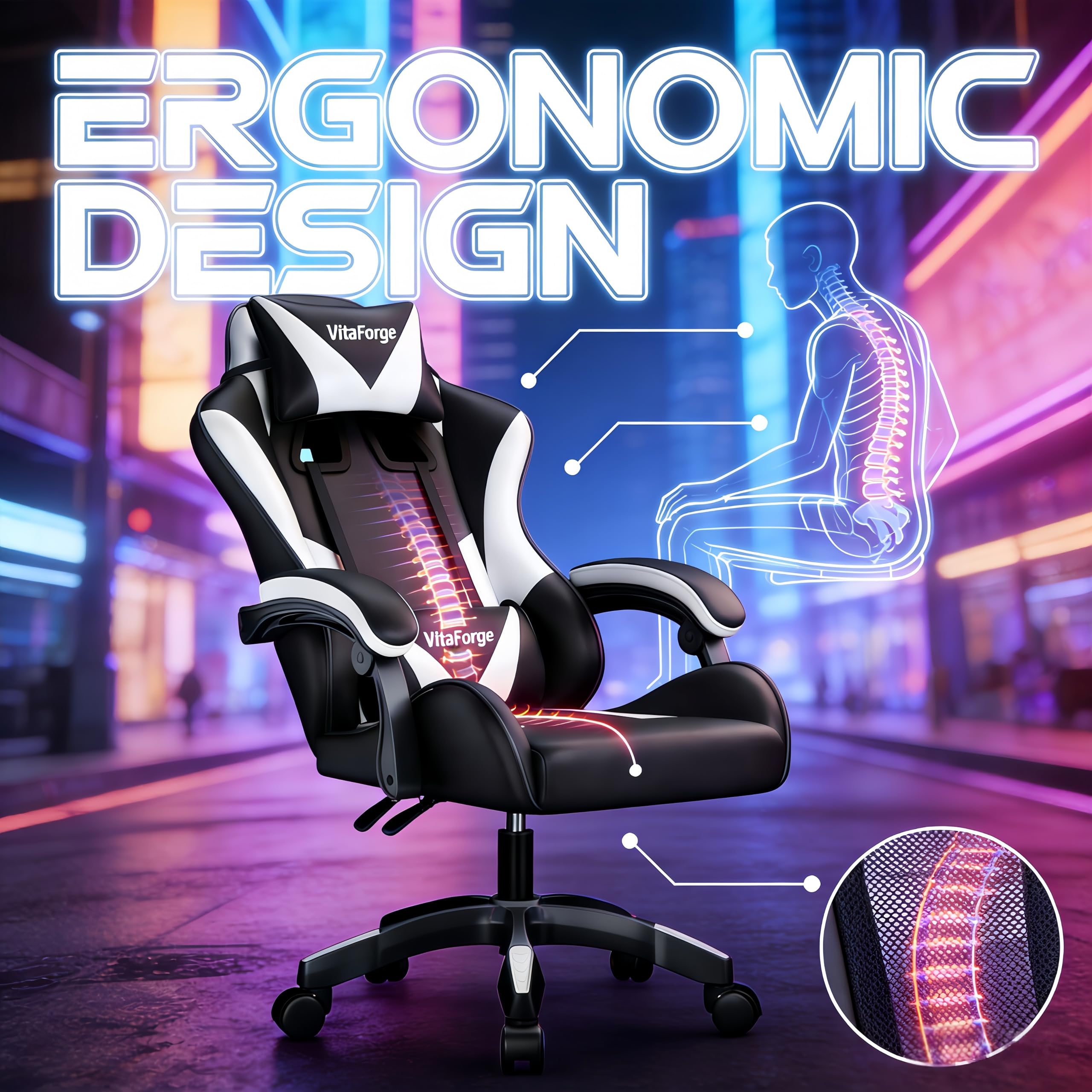 Fauteuil Gaming Fauteuil Bureau, Chaise de Jeu Ergonomique avec Réglable en Hauteur, Support Lombaire et Appui-tête - Cuir PU, pour Le Bureau ou Le Jeu (Noir et Blanc)
