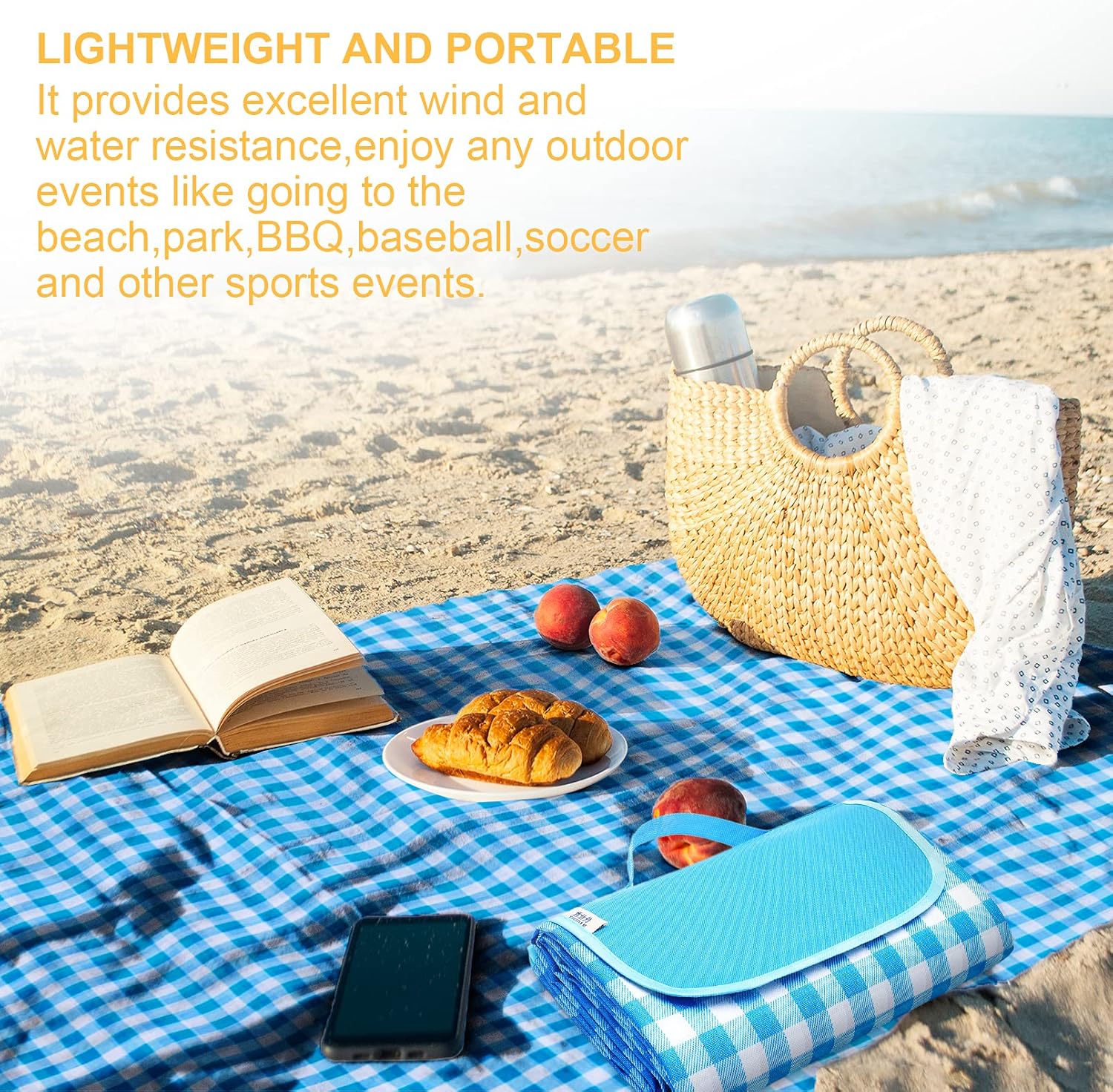 Khservise Lightweight Waterproof Large Picnic & Beach Blanket Rug Handy Mat Tote Plus Thick Dual Layers Waterproof and Easy Clean-up Picnic Mat for Family,Friends, Kids, 79"x77" (Blue-White) : Patio, Lawn & Garden