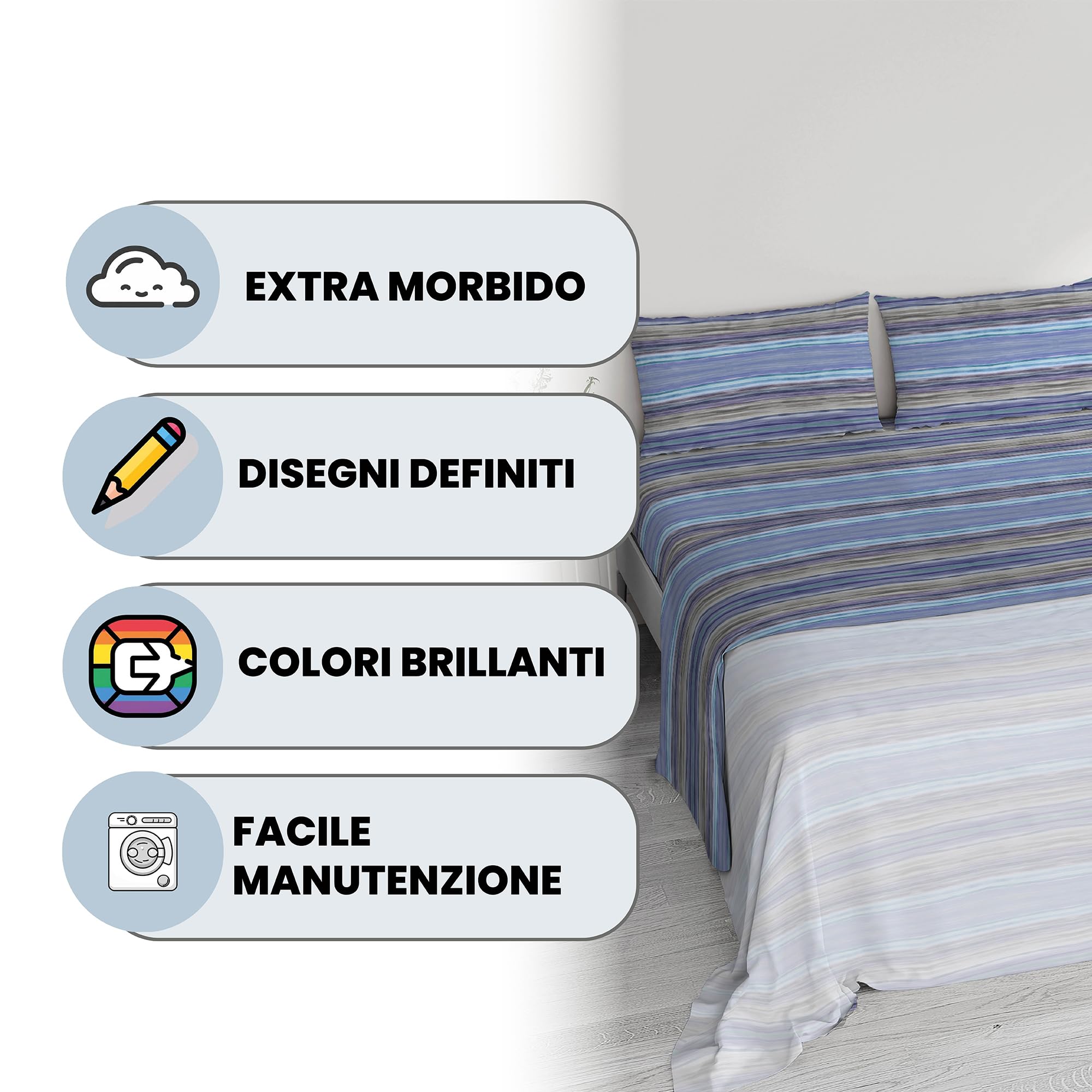 Set Lenzuola Letto Singolo River, lavorato in Italia - Completo Letto, Lenzuolo Sotto con Angoli, Telo Sopra 90x200cm e Federa con Patella Interna (Singolo, rio blue)
