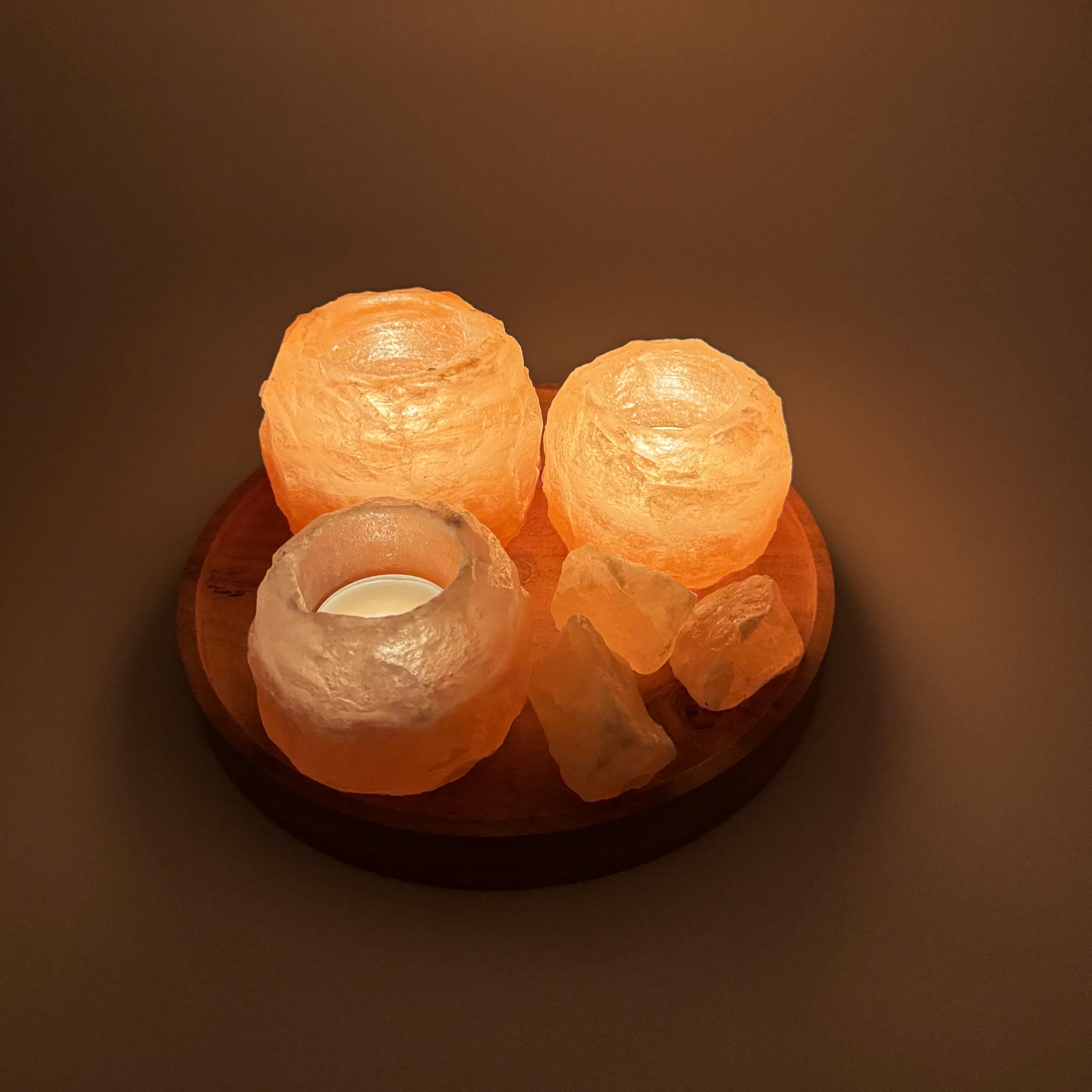HAF Teelichthalter Set Rosa 3-teilig (2X ca. 400g & 1x ca. 700g) auf Holzplatte – Handgefertigte Kristallsalz Kerzenhalter für harmonisches Licht und Deko – ohne Teelichter