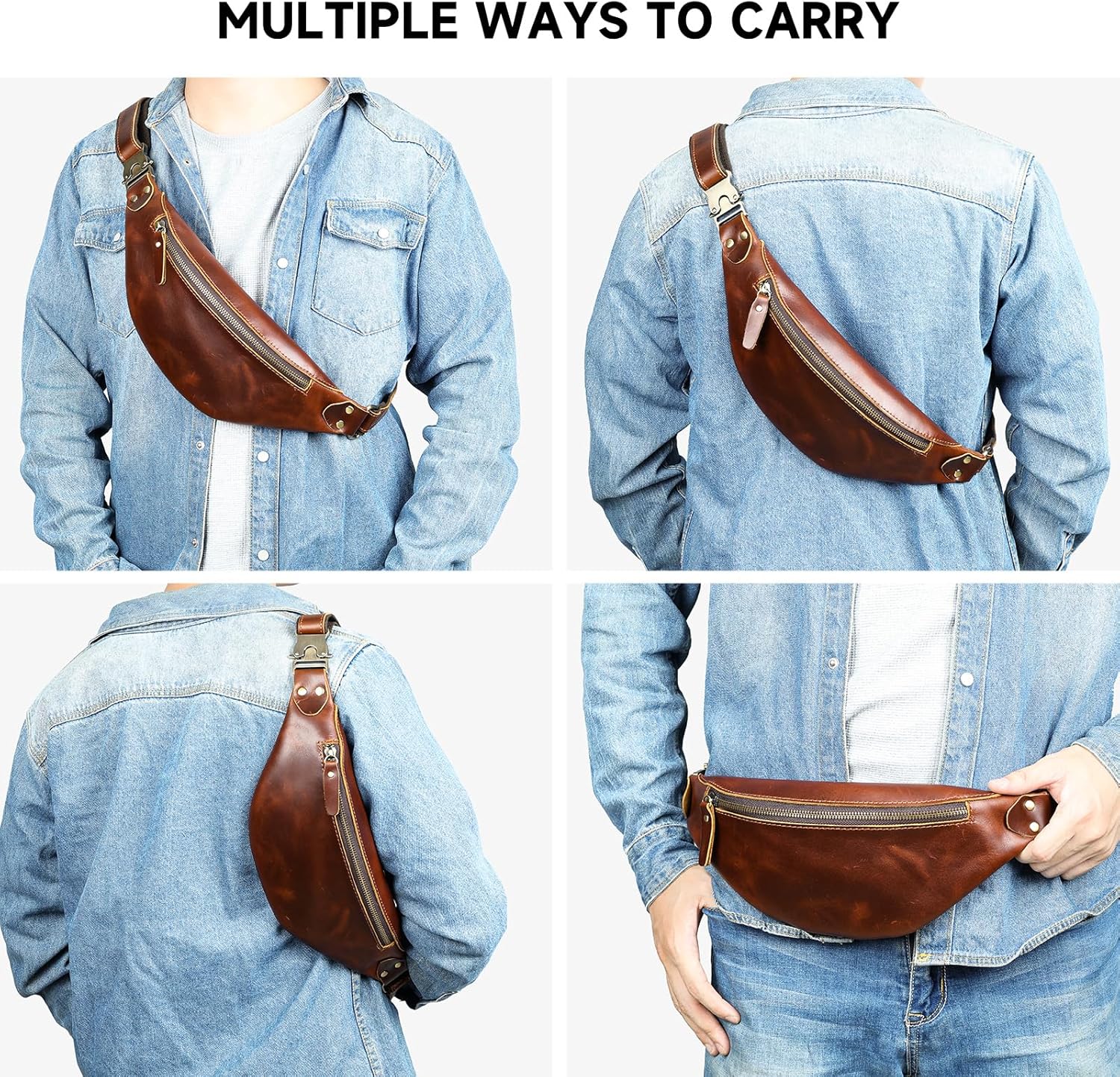 Vintage Genuine Leather Fanny Pack Small Waist Bag Travel Sling Pouch with Adjustable Leather Belt Brown - Image 7