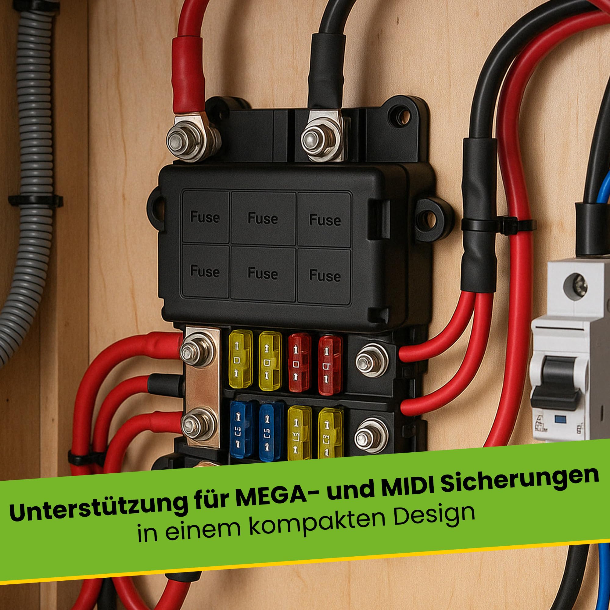 Offgridtec Sicherungshalter für 2X MEGA + 4X MIDI Sicherungen, Inklusive Busbar, Polyamid-Gehäuse MIT Abdeckung, Robuste Stromverteilungssicherung für hohe UND mittlere Stromkreise