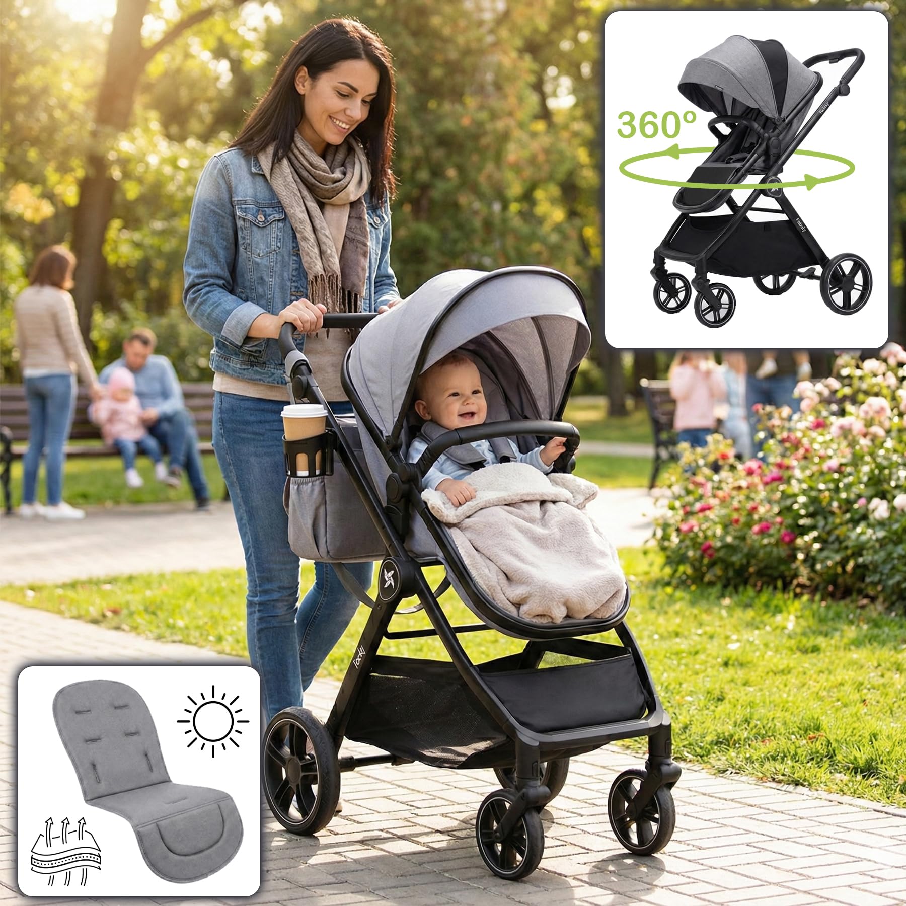 Twinly Carrito de Bebe 3 en 1 – Carro Bebe 3 Piezas Convertible con Grupo 0 (i-Size), Capazo y Silla de Paseo – FABULY – Plegable y Ligero con Bolso, Plástico Lluvia y saco – (Gris)