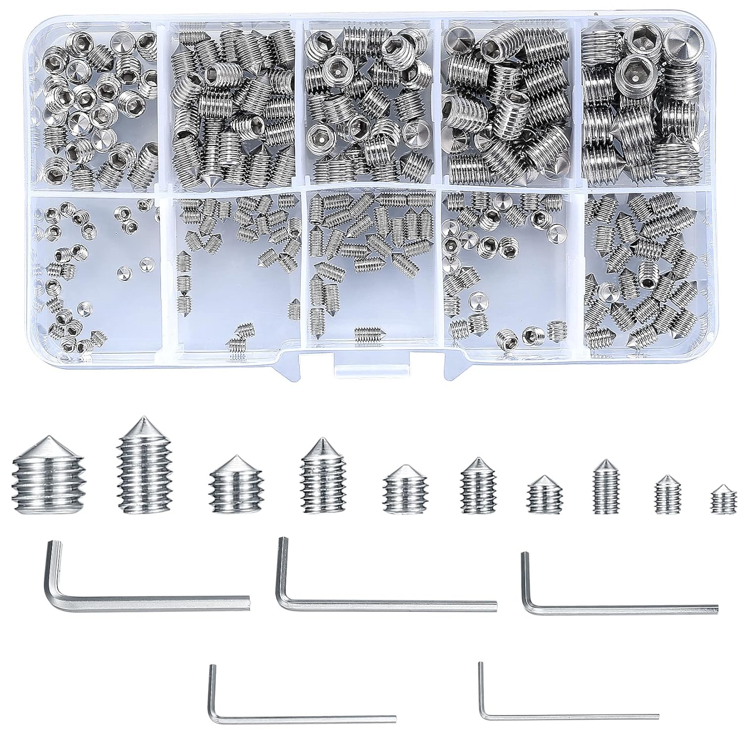 250 Pcs Cone Point Grub Screws Mixed, Stainless Steel Hex Allen Key