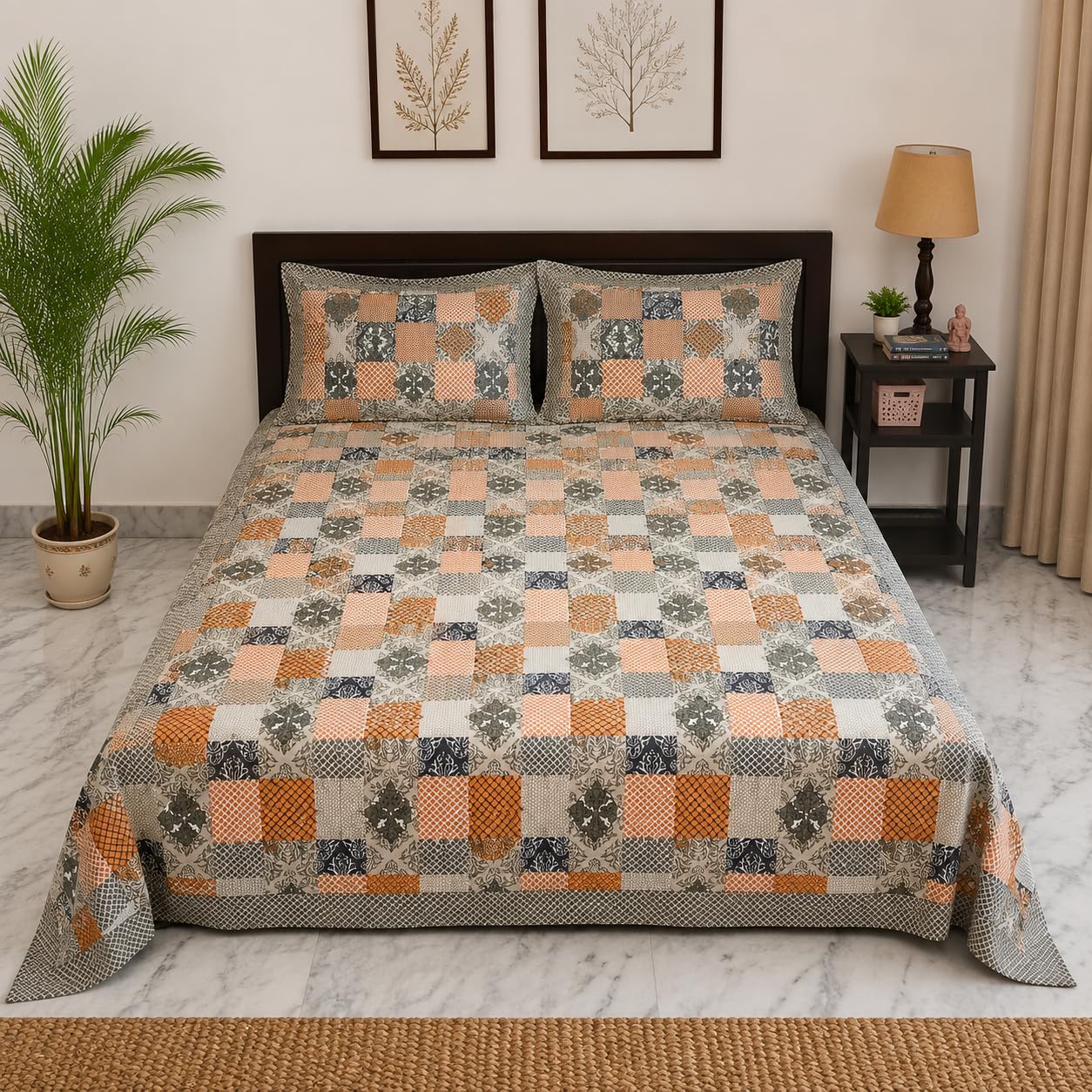 Elegant 100% Pure Khadi Cotton Casement Bedsheet Set (90x100) with 2 Pillow Covers – Soft, Breathable & Stylish Geometric Design (Orange)-picture-46