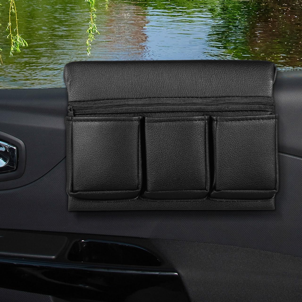 NUOBESTY Accoudoir de voiture en cuir avec sac de rangement, support pour accoudoir de porte pour téléphone portable, clés, collations, noir, 24 x 18 x 11 cm