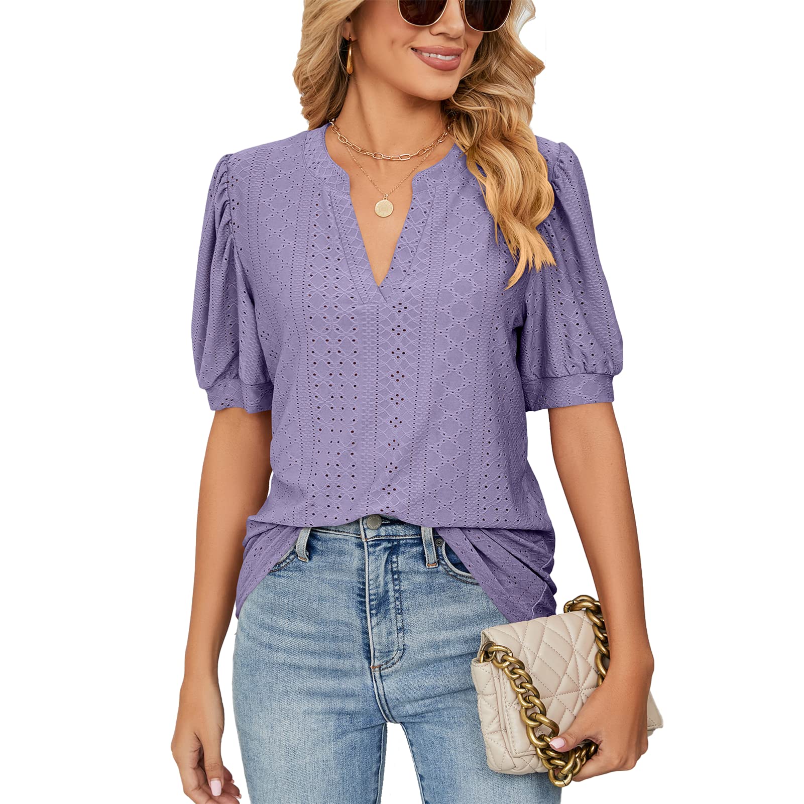 EDOTON Damen Tshirt Kurzarm Bluse V Ausschnitt Casual Sommer Solide Hohle Blase Ärmel Lose Tops Tuniken für Damen