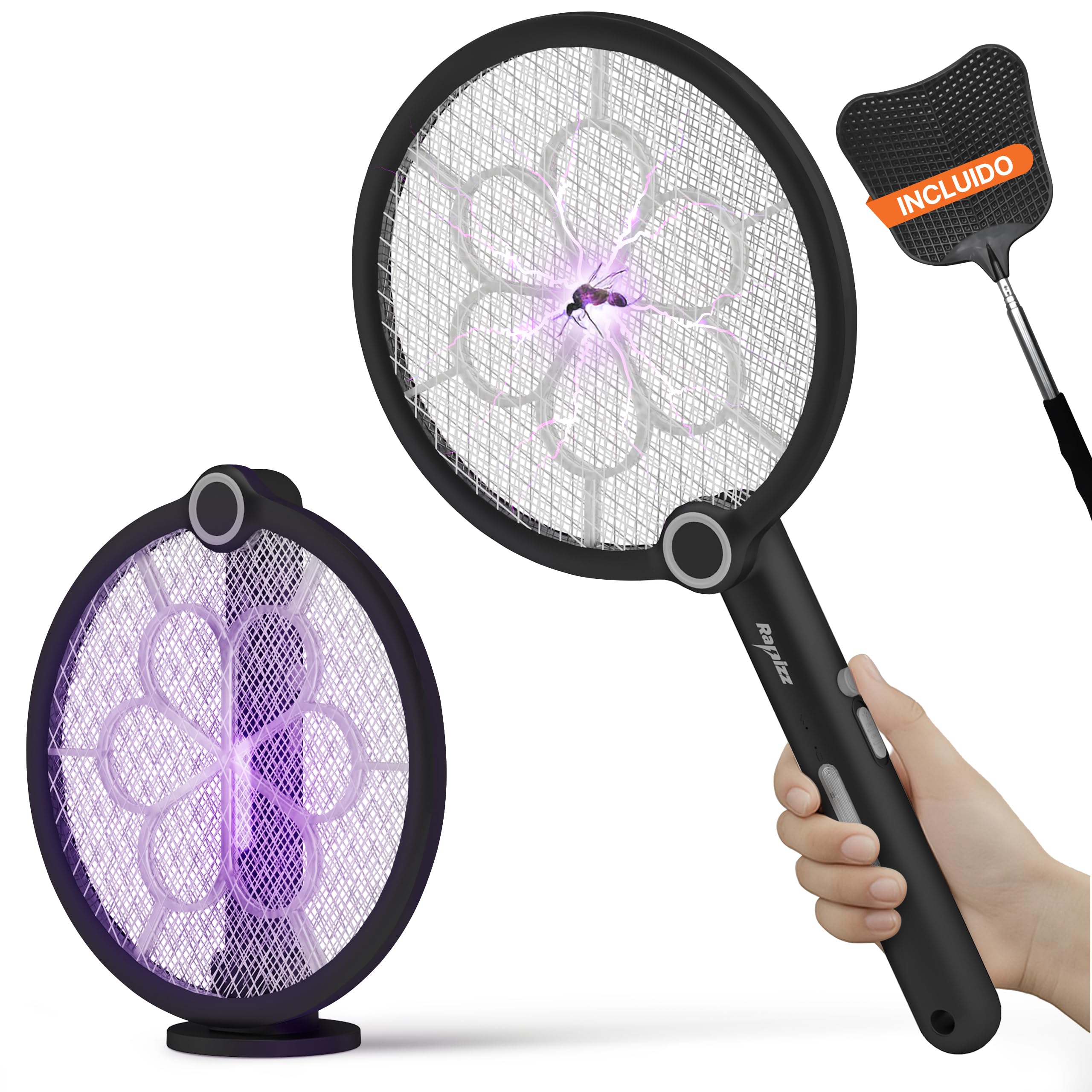 RAPIZZ Raqueta Matamoscas Electrica Recargable - Función 3 en 1 & Incl. Matamoscas I Electric Mosquito Killer Mata Moscas Electrico para Mosquitos Raqueta Antimosquitos Fly Killer Eléctrica
