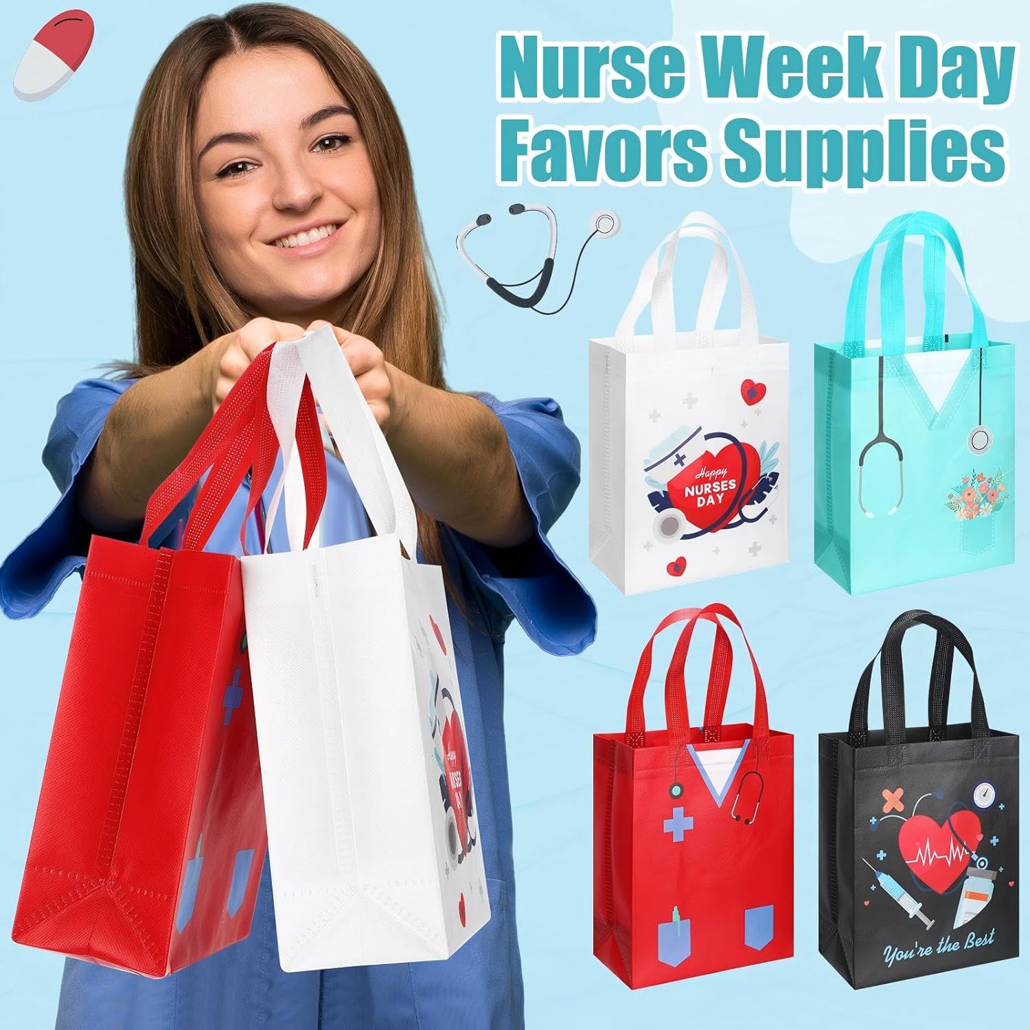 Wesnoy 48 Pcs Nurse Appreciation Gift Bags with Handles Nurse Week Gift Bulk Thank You Doctor Reusable Non Woven Treat Goodie Bags Medical Assistant Party Favor for Nursing Appreciation Supplies