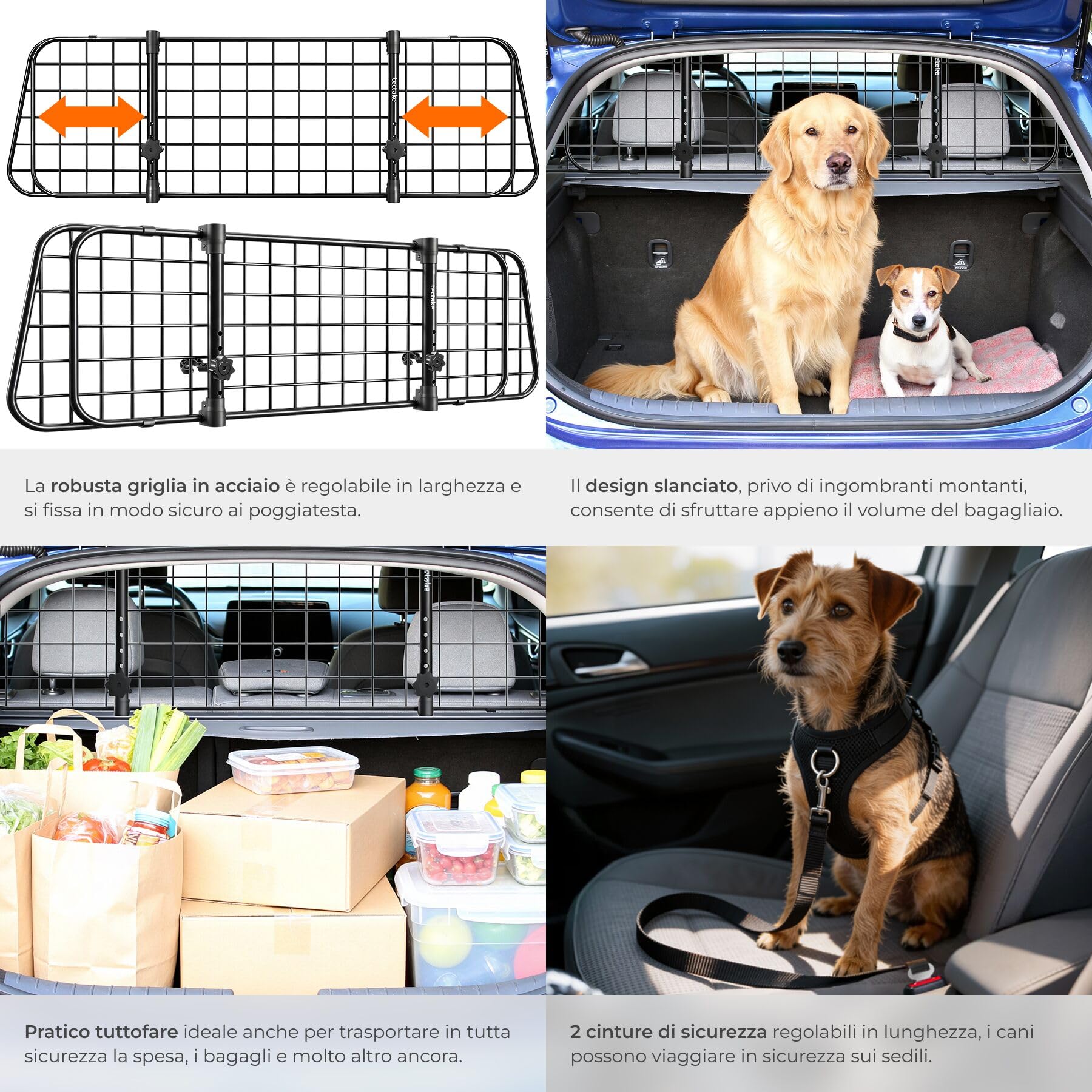 tectake® Griglia di Protezione per Cani Universale in Acciaio, Divisorio di Sicurezza per Cani Regolabile in Larghezza 91,5–154 cm, Rete Auto per Cani Universale con Sistema ad Incastro e 2 Cinture
