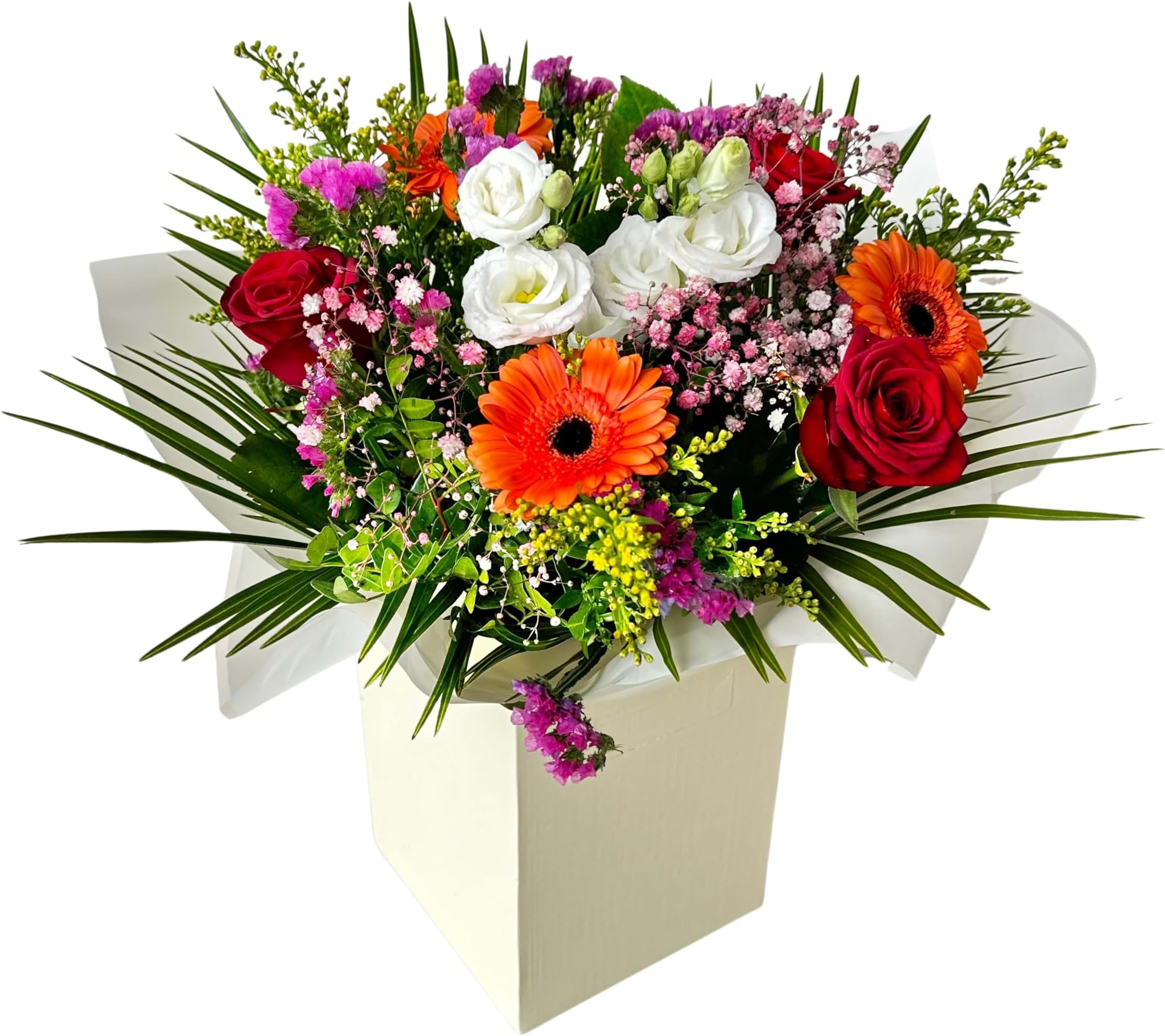 Bright Radiant Sunset Bouquet – Festive Fresh Flowers, Birthday Celebrations, Anniversaries, Autumn Floral Occasions. Roses -Warm Orange Gerbera, Lisianthus, Thank You, Christmas
