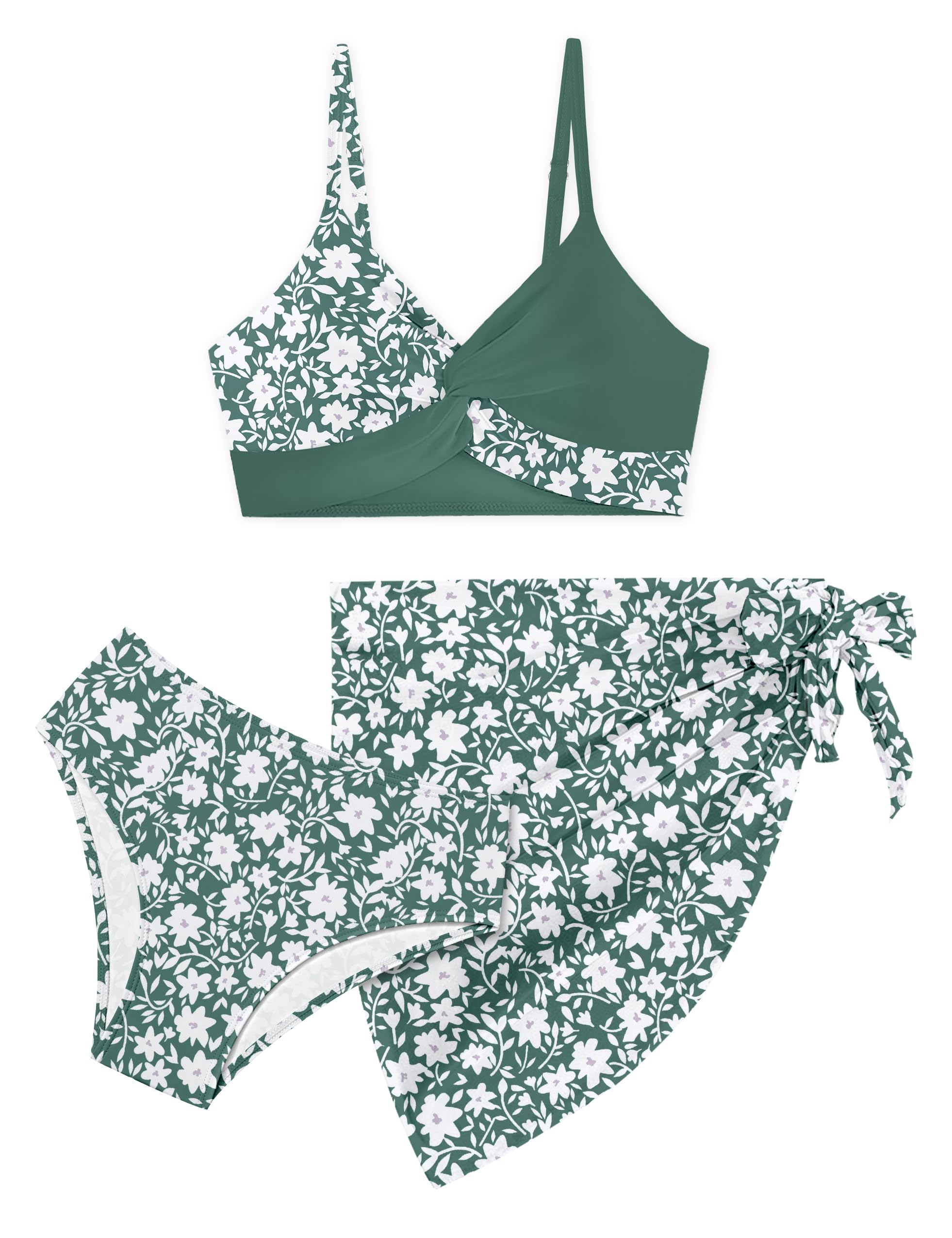 Girls Swimsuit, Bathing Suits 3 Piece Tropical Floral Twist Cross Bikini Sets Girls' Swimwear with Cover Up Skirt 7-16T