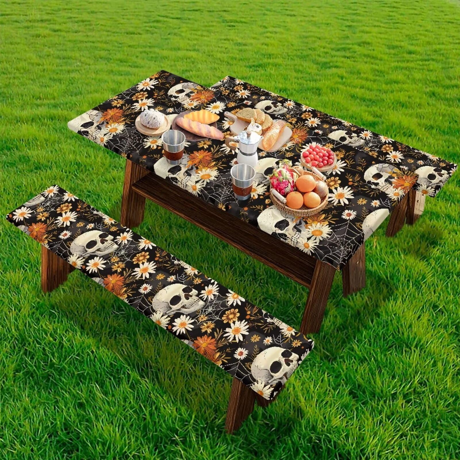 Skull Waterproof Picnic Table Cover and Bench Covers Fitted Tablecloth Cover with Elastic Straps Rectangle Picnic Tablecloth Camping Accessories for Outdoor