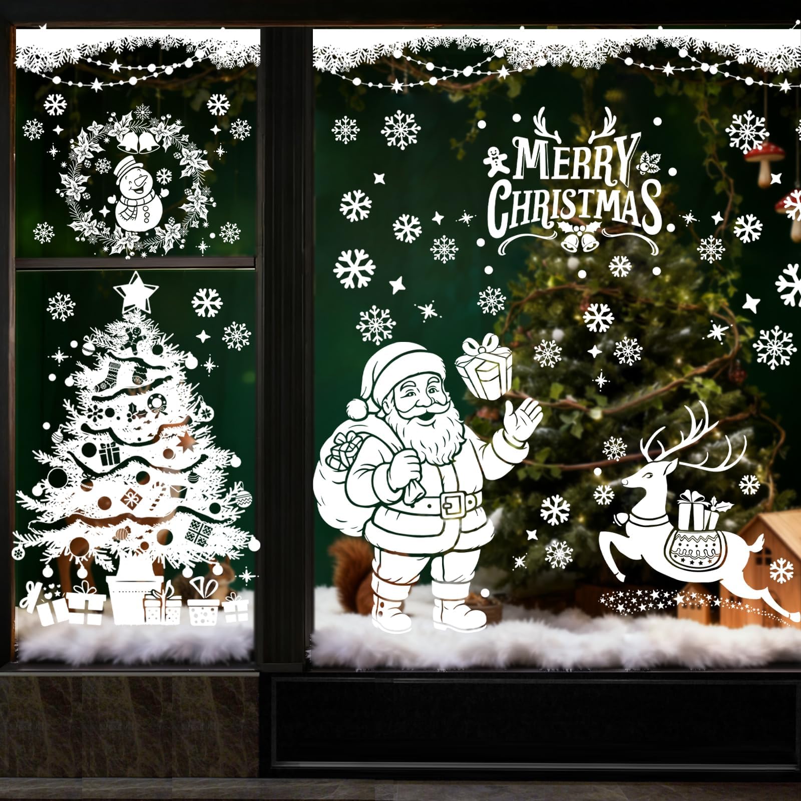 AhfuLife Large Christmas Window Clings Decorations, 35.4 x 11.8 in, 6 Sheets Double Side Xmas Snowflake Santa Reindeer Snowman Window Decals Stickers for Home Glass Party Indoor Decorations