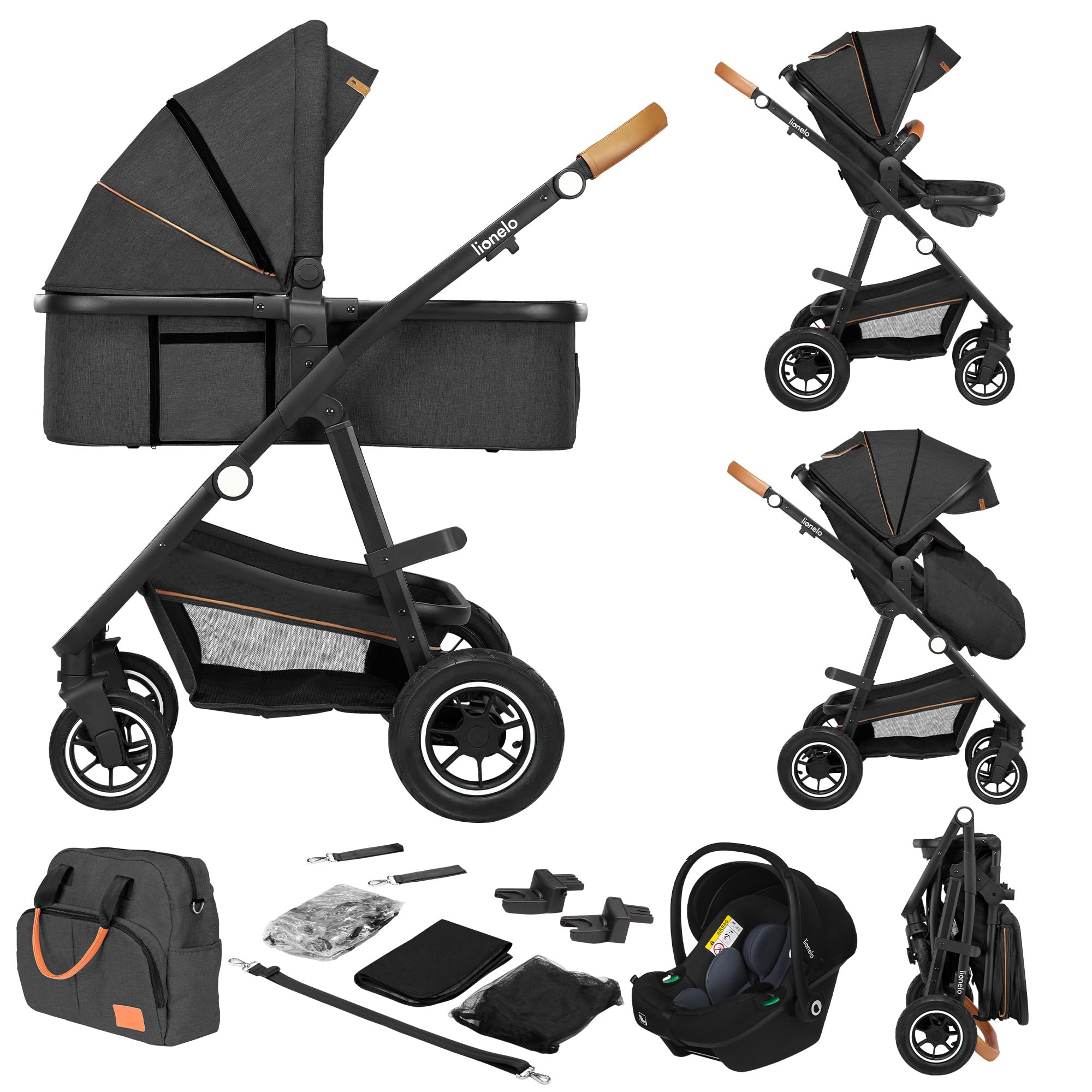 LIONELO Amber 3-in-1 Kombikinderwagen - Babywanne, Sportsitz, i-Size Autositz (40–87 cm), Luftreifen, wendbar, XXL-Dach UPF 50+, Tasche, Moskitonetz, Regenschutz