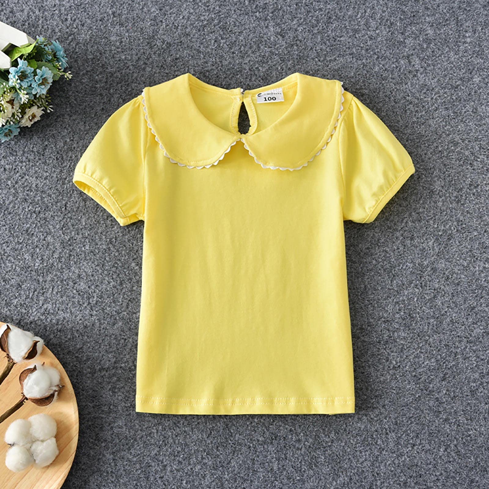 RNTOP Kids Baby Girl Short Sleeve Collar Shirt Toddler Girls Solid Color Blouse Casual Basic Tee (Yellow, 3-6 Months)