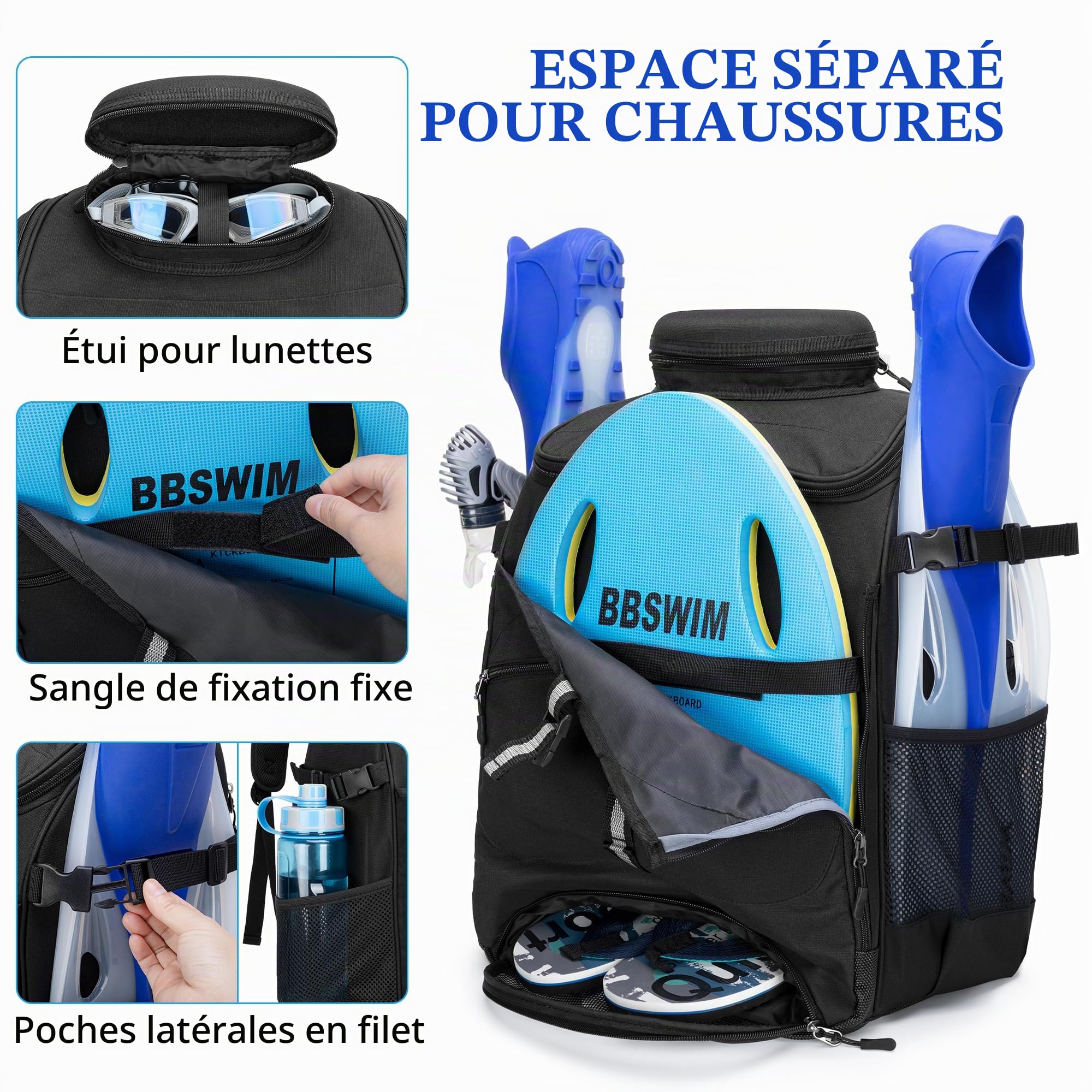 GOBUROS Sac à Dos de Natation pour Plage, Triathlon, Plongée en Apnée | Étui Transparent en PVC, Sangles Élastiques pour Palmes, Compartiment pour Planche de Natation, Poche Aéré pour Sandales