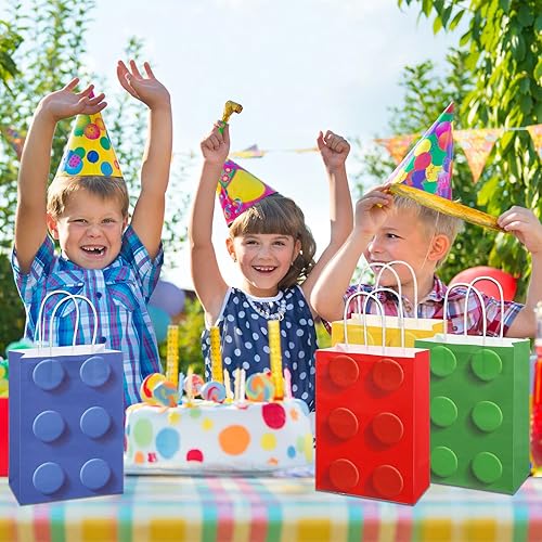 Miniatura 5 de Bolsas de regalo de fiesta de bloques de construcción, bolsas de papel de dulces de ladrillos, bolsas de regalo con asa para bloques de