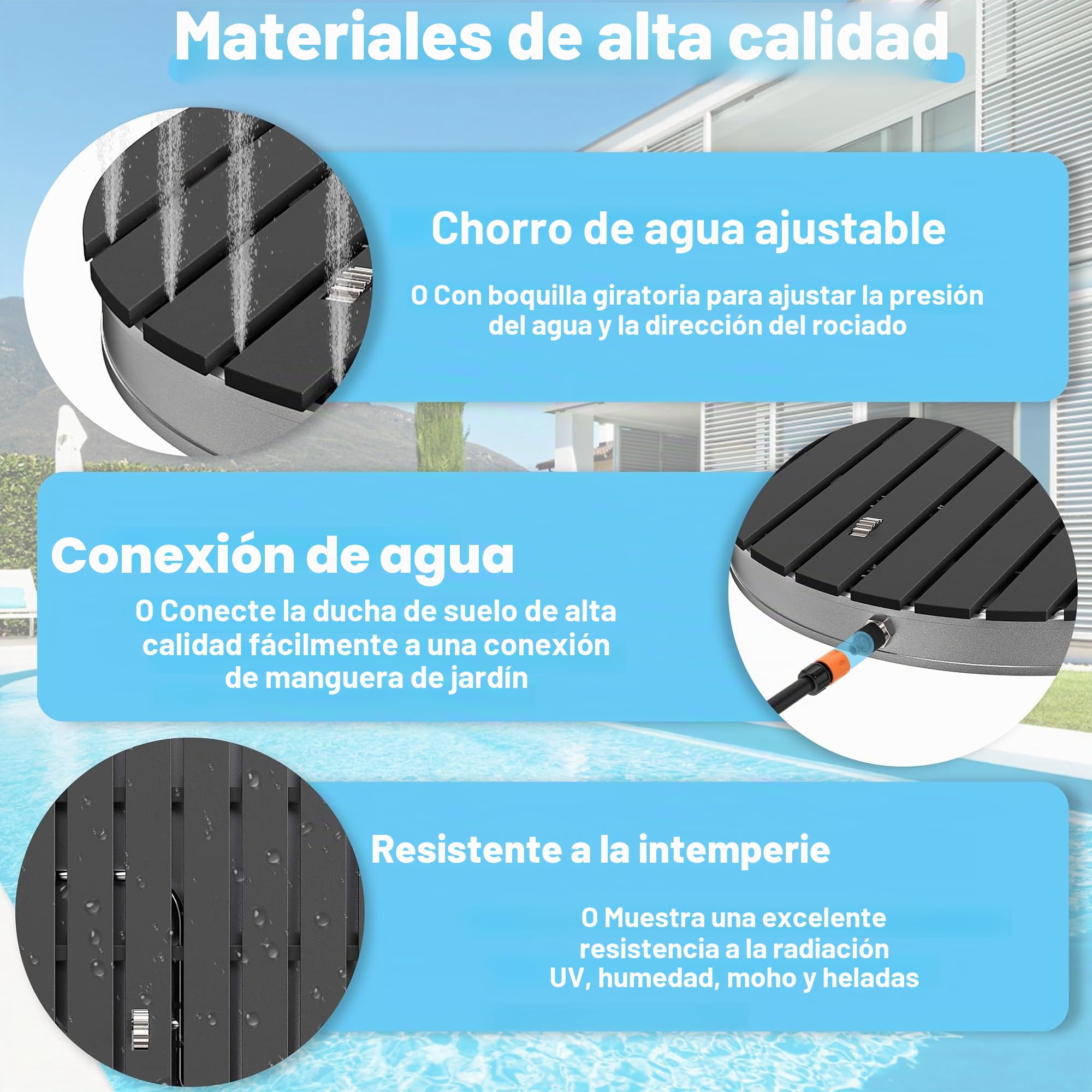 UISEBRT Ducha de jardín exterior de WPC y aluminio, ducha móvil de suelo, ducha solar, ducha de camping, altura de fuente ajustable hasta 4 m, para piscina, jardín, terraza (redonda – antracita)