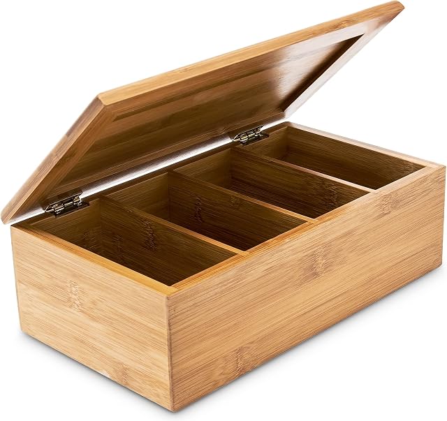 Relaxdays Bamboo Tea Box, Size: 9 x 28.5 x 16 cm, Tea Chest With 4 Compartments & Lid For 80 Tea Bags, Wooden Jewellery Box, Natural Brown