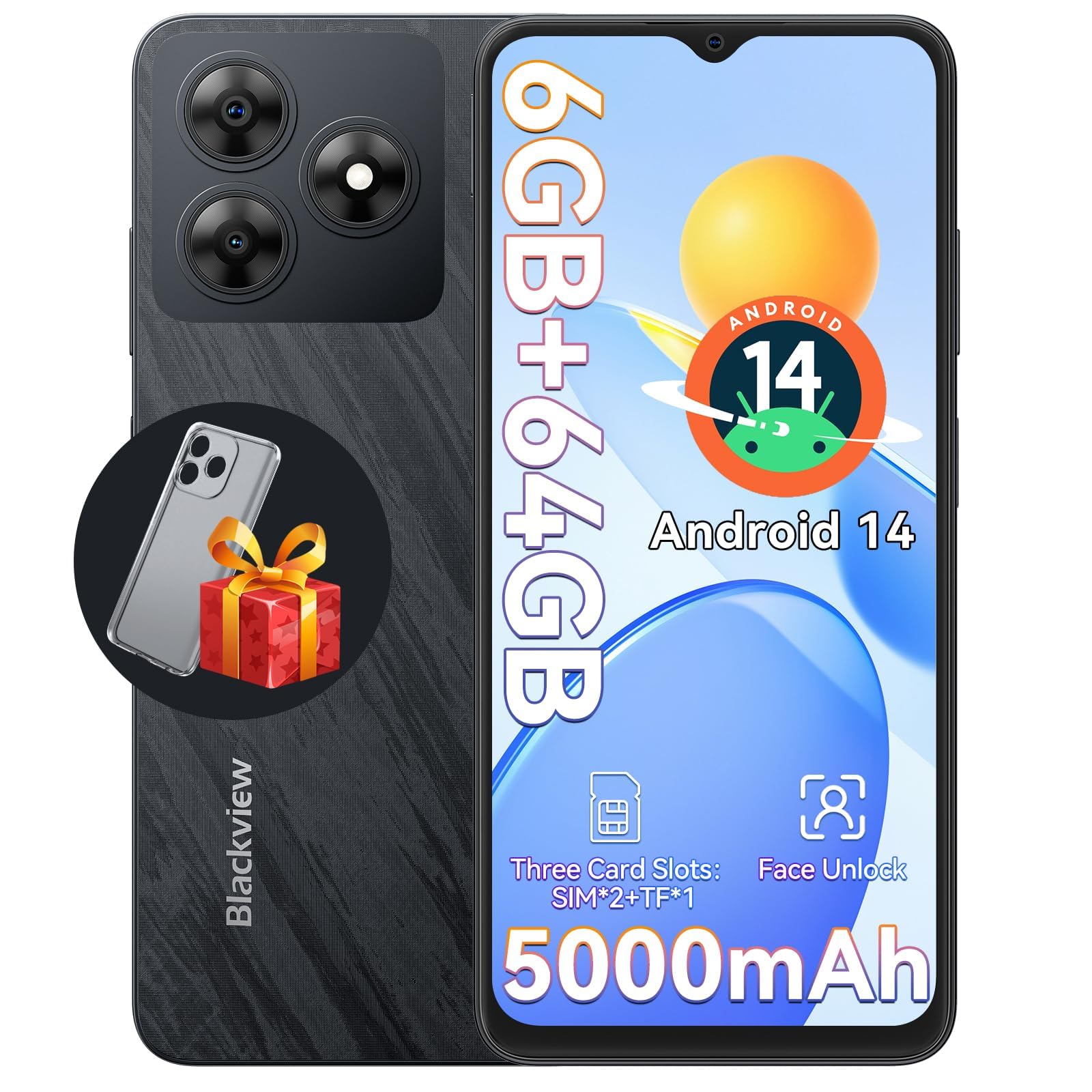 BlackviewWave 8C Mobile Phones, Android 14 Smartphone 2025, Octa-Core 6GB+64GB/SD 2TB, 5000mAh Smart Phone, 6.56" HD, 4G Dual SIM Free Unlocked Phones, 3 Card Slots, 2 Years Warranty, Black