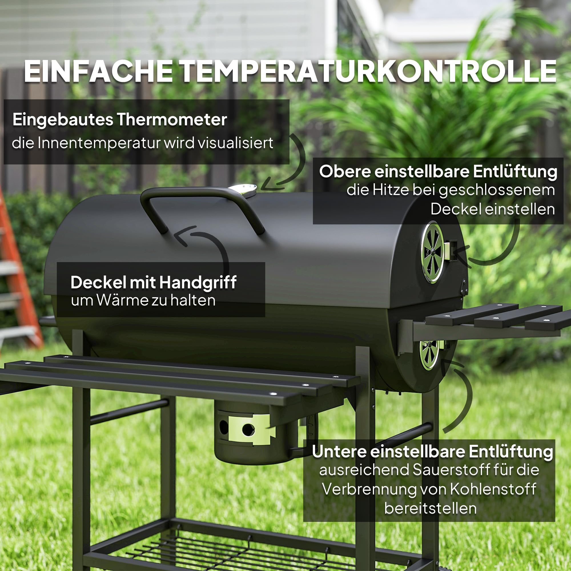 Outsunny Grill węglowy ze stali BBQ Smoker z pokrywą, uchwytami, termometrem, kółkami, mobilny grill węglowy, grill na węgiel drzewny do BBQ, campingu, tarasu i ogrodu 114 x 65 x 95 cm