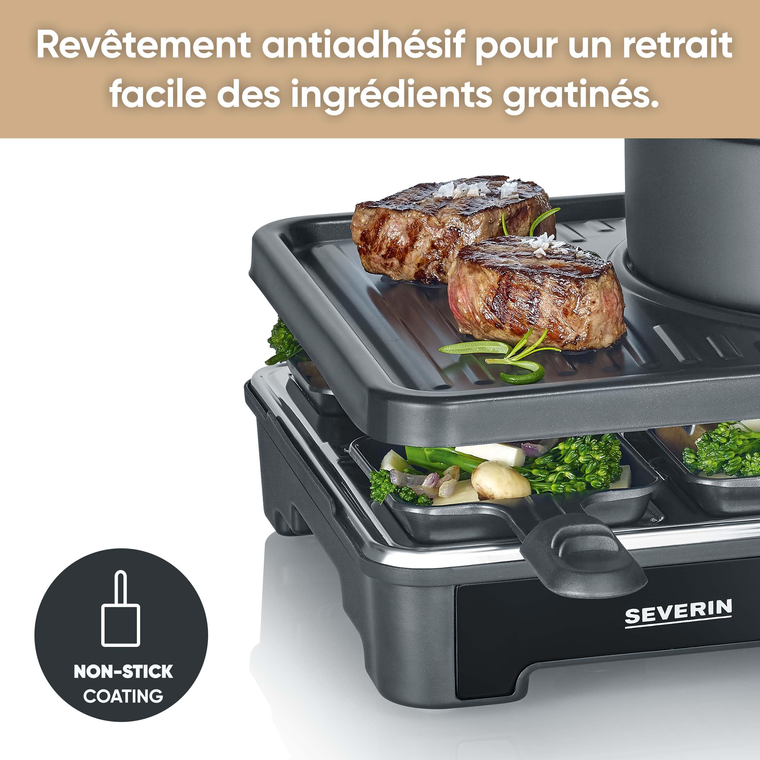 SEVERIN Appareil à Fondue et Raclette pour 8 personnes, Appareil à raclette 2 en 1 avec Plaque de cuisson et Service à fondue, Inclus 8 poêlons, spatules et fourchettes à fondue, Noir, RG 2347